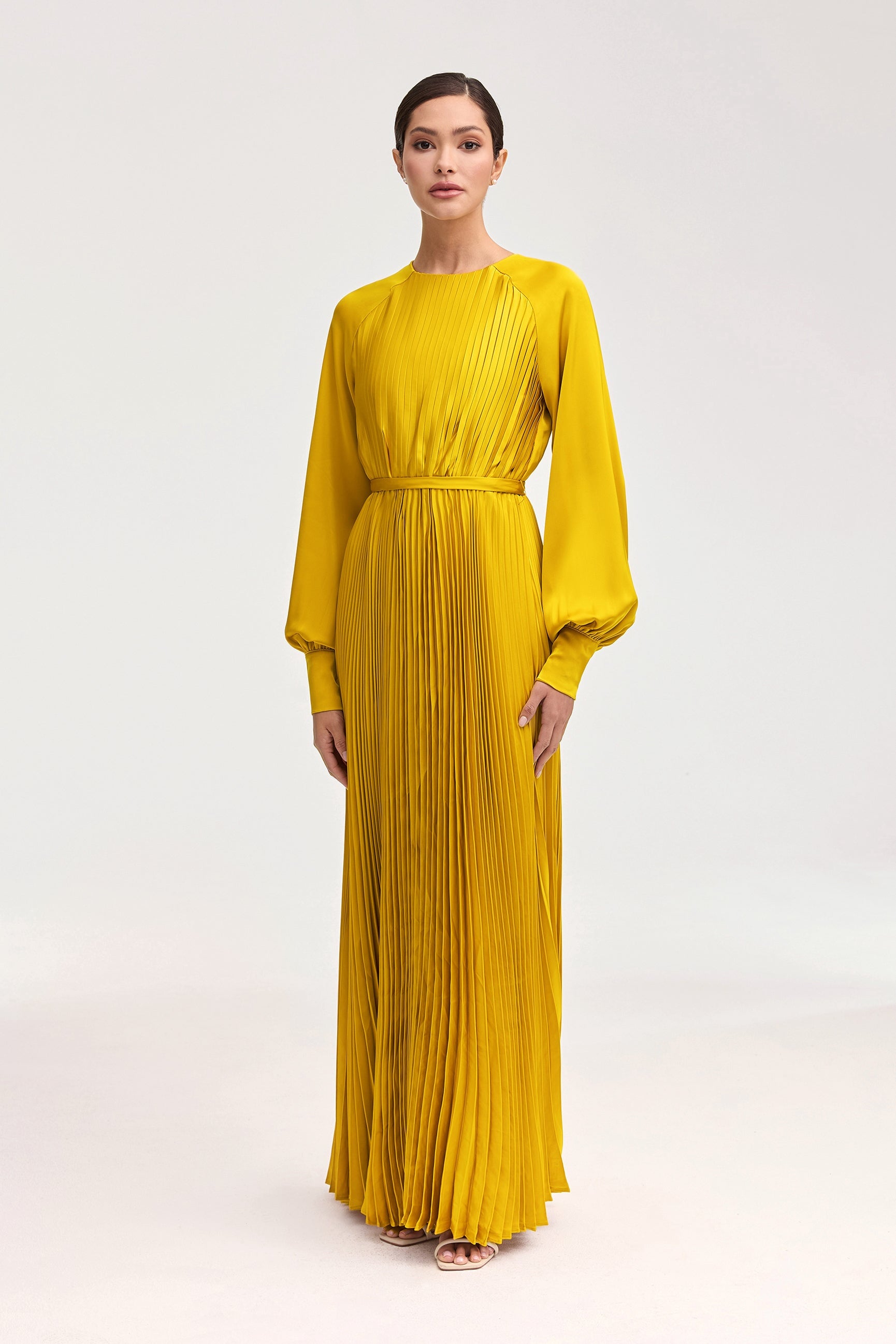 Nadira Satin Pleated Maxi Dress - Honey