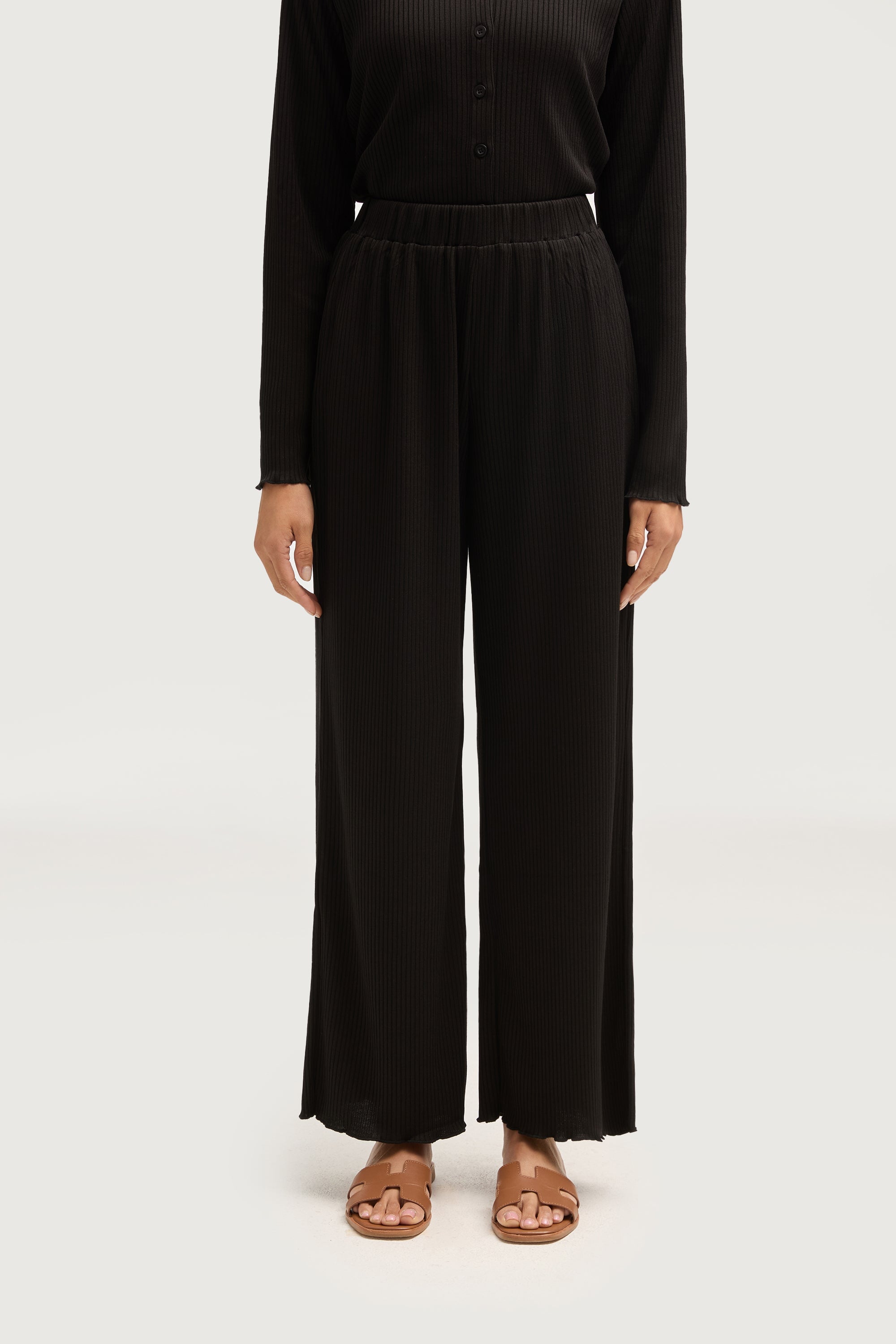 Naeema Ribbed Button Down Top & Pants Matching Set - Black Sets Veiled Collection 