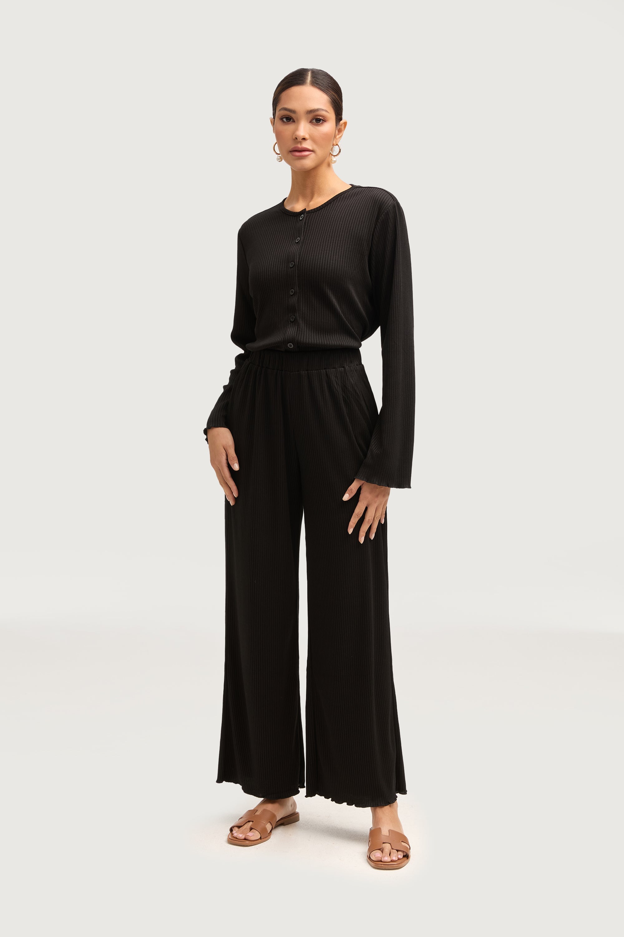 Naeema Ribbed Button Down Top & Pants Matching Set - Black Sets Veiled Collection 