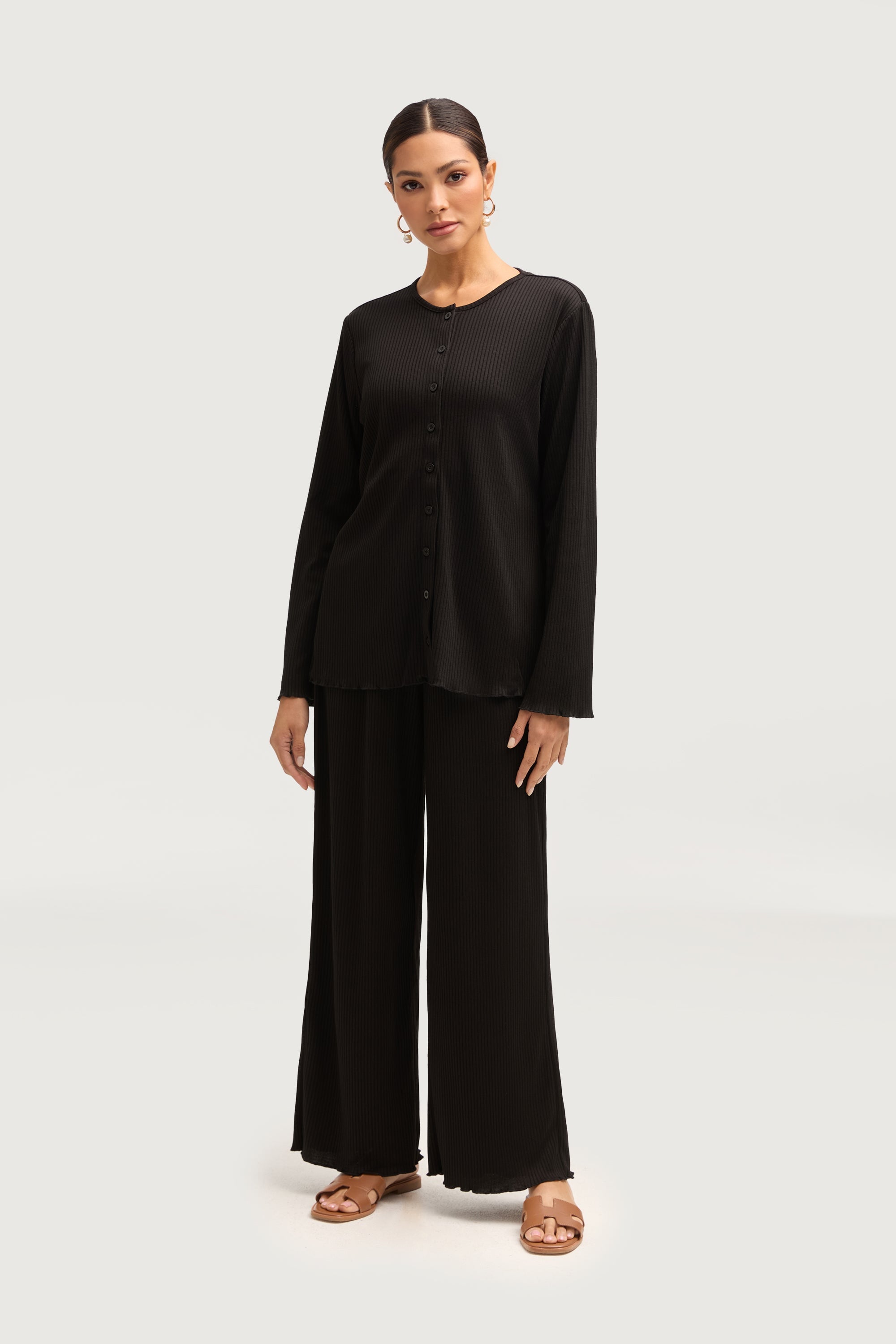 Naeema Ribbed Button Down Top & Pants Matching Set - Black Sets Veiled Collection 