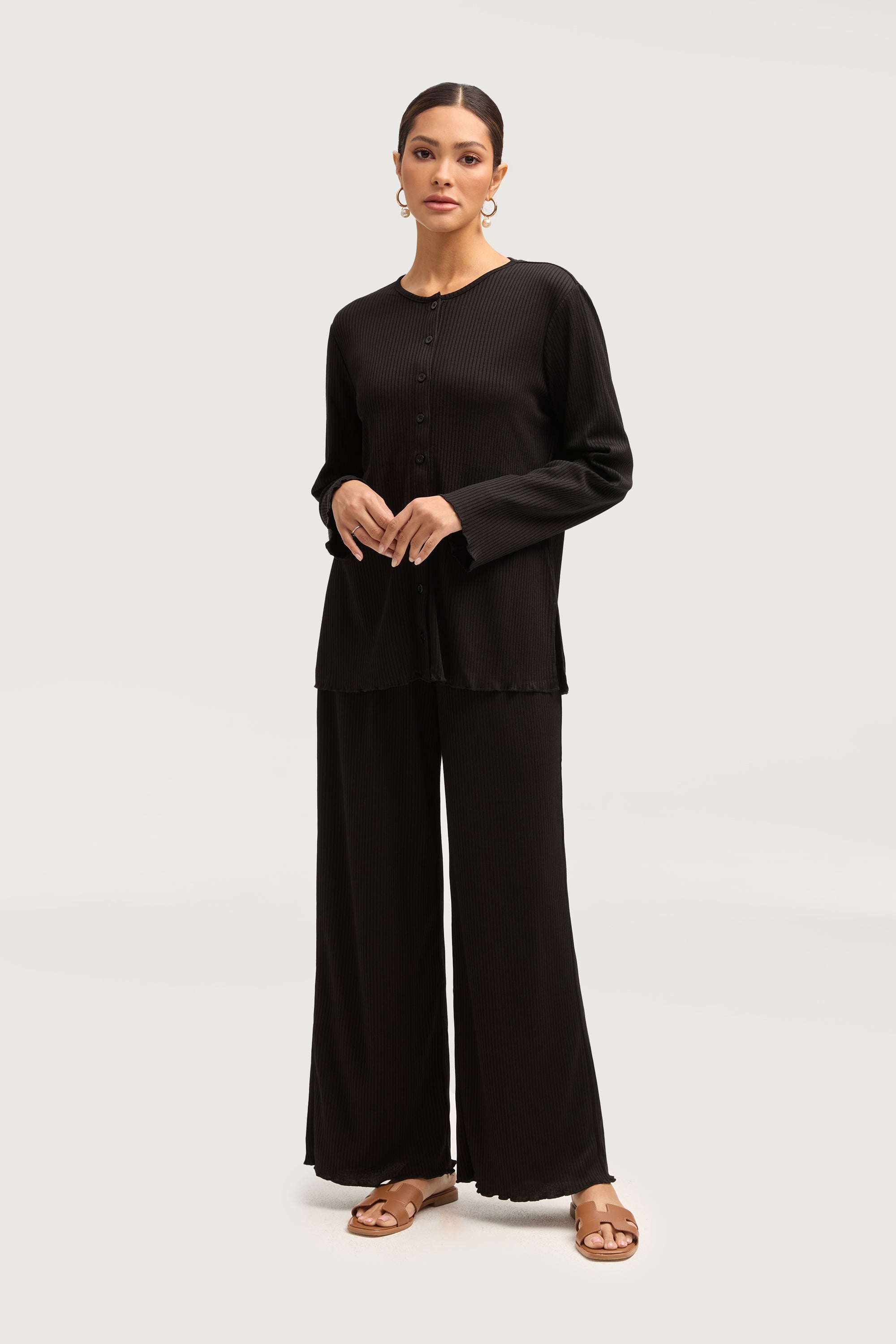 Naeema Ribbed Button Down Top & Pants Matching Set - Black Sets Veiled Collection 