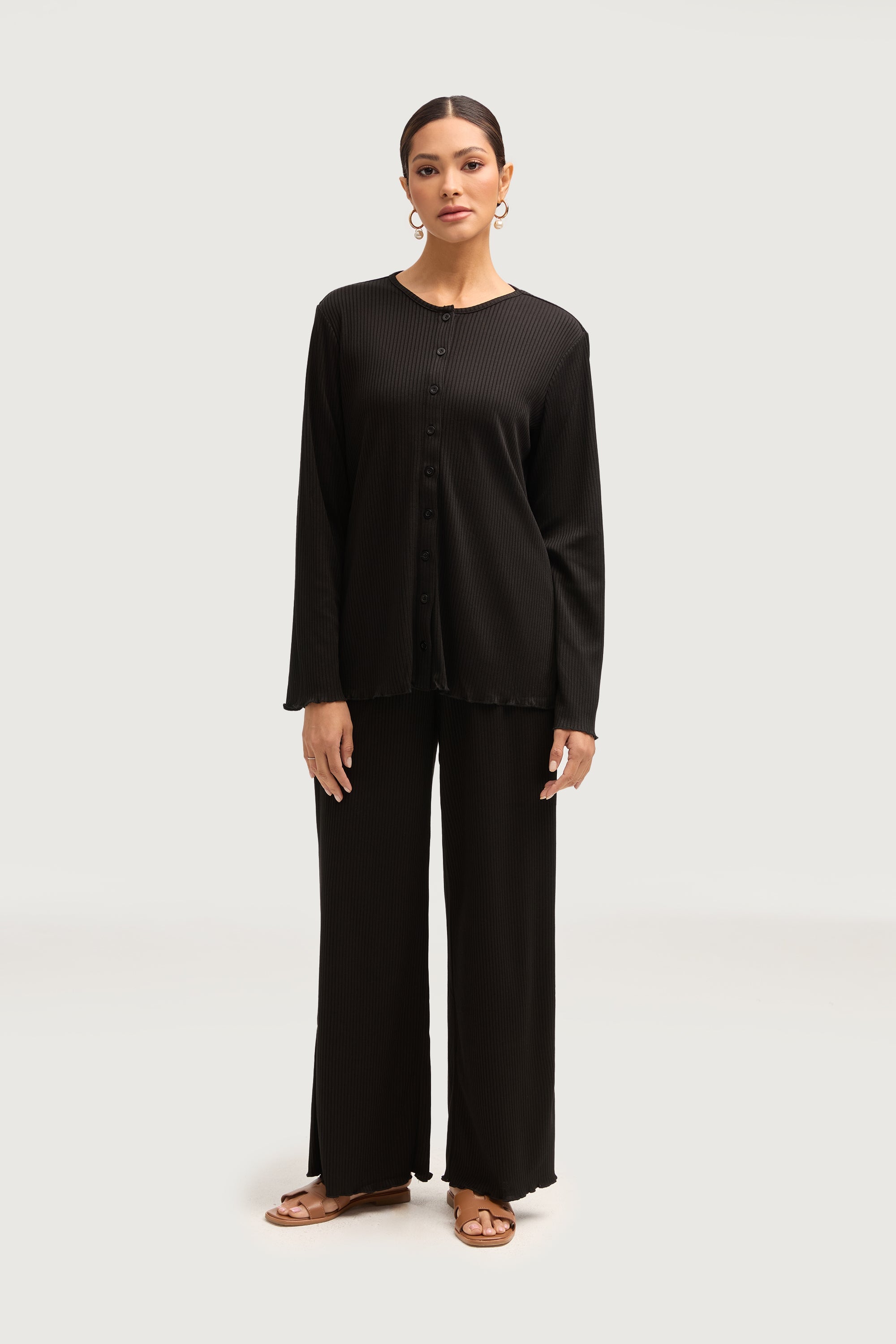 Naeema Ribbed Button Down Top & Pants Matching Set - Black Sets Veiled Collection 