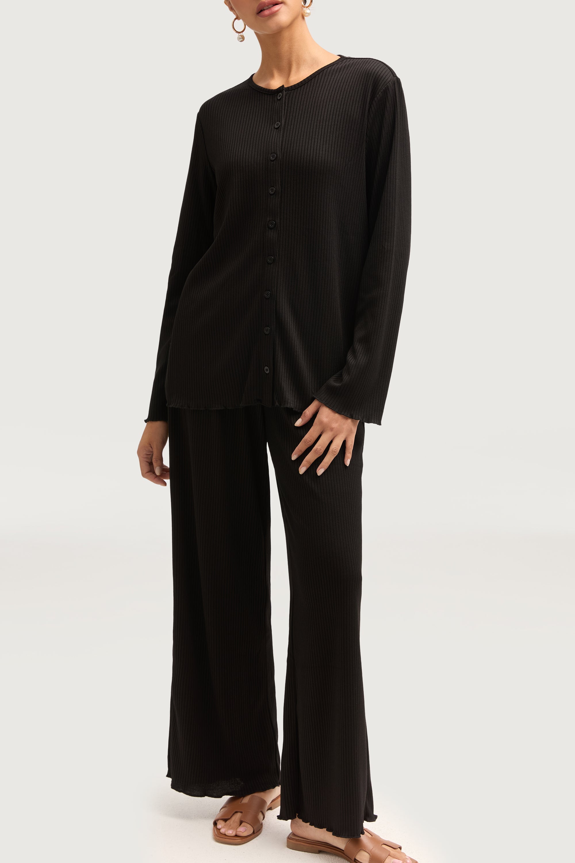 Naeema Ribbed Button Down Top & Pants Matching Set - Black Sets Veiled Collection 