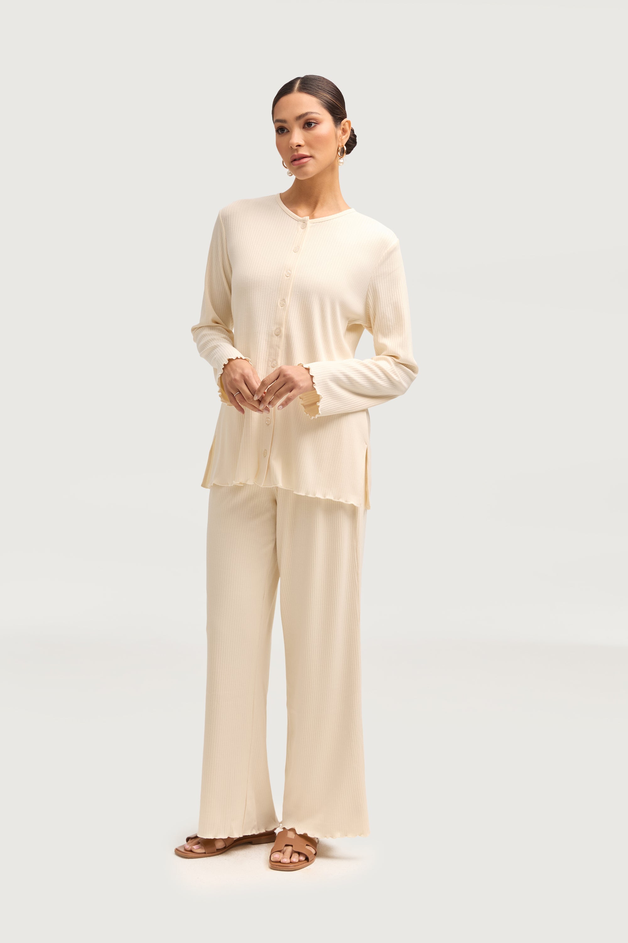 Naeema Ribbed Button Down Top & Pants Matching Set - Off White Sets Veiled Collection 