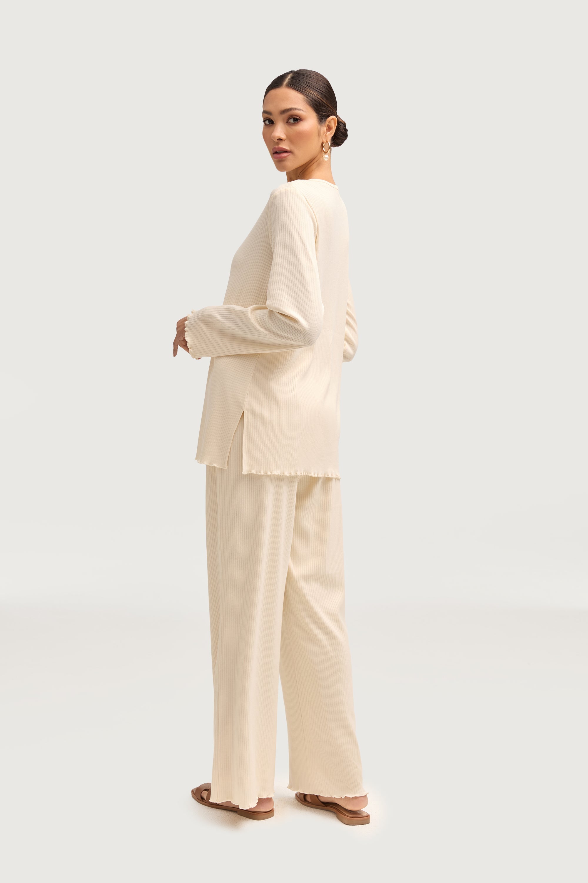 Naeema Ribbed Button Down Top & Pants Matching Set - Off White Sets Veiled Collection 