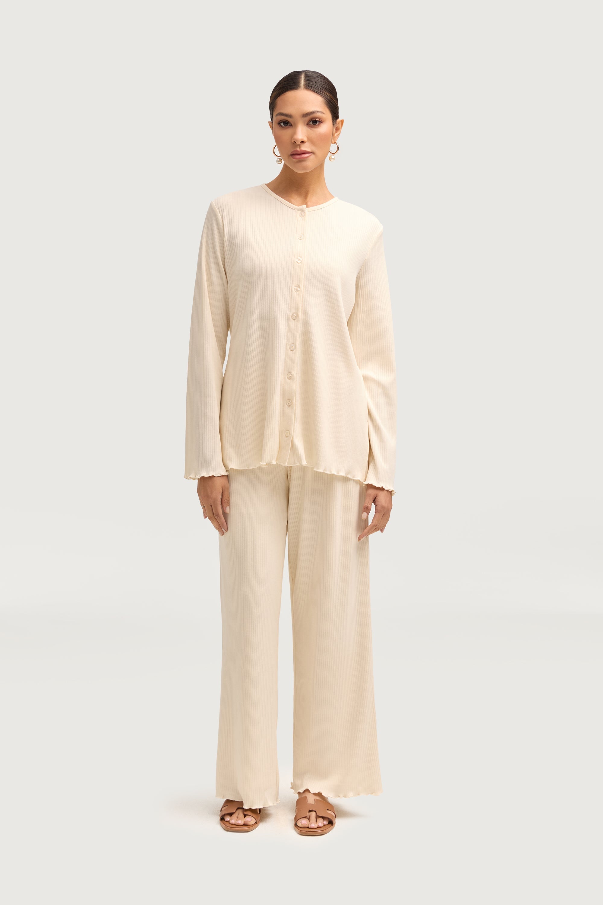 Naeema Ribbed Button Down Top & Pants Matching Set - Off White Sets Veiled Collection 