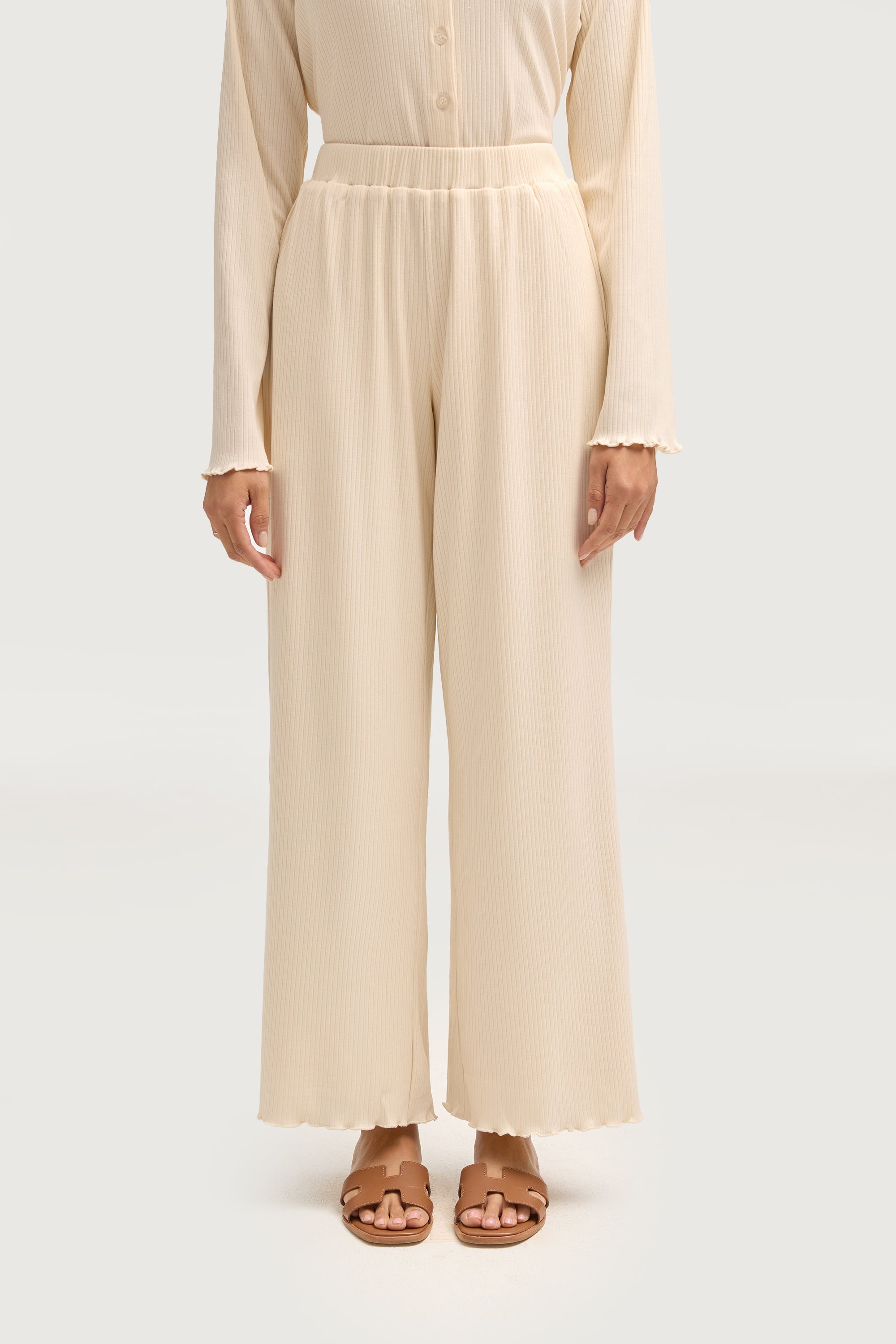 Naeema Ribbed Button Down Top & Pants Matching Set - Off White Sets Veiled Collection 