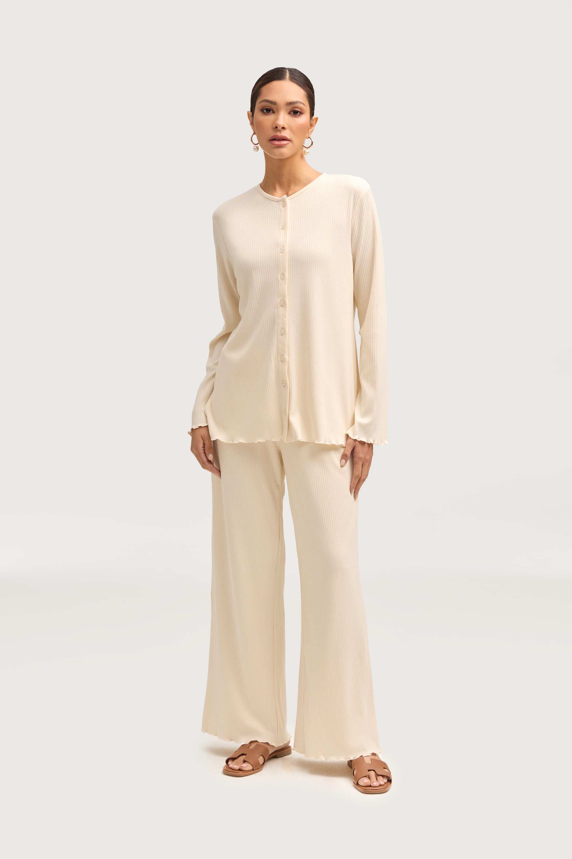 Naeema Ribbed Button Down Top & Pants Matching Set - Off White Sets Veiled Collection 