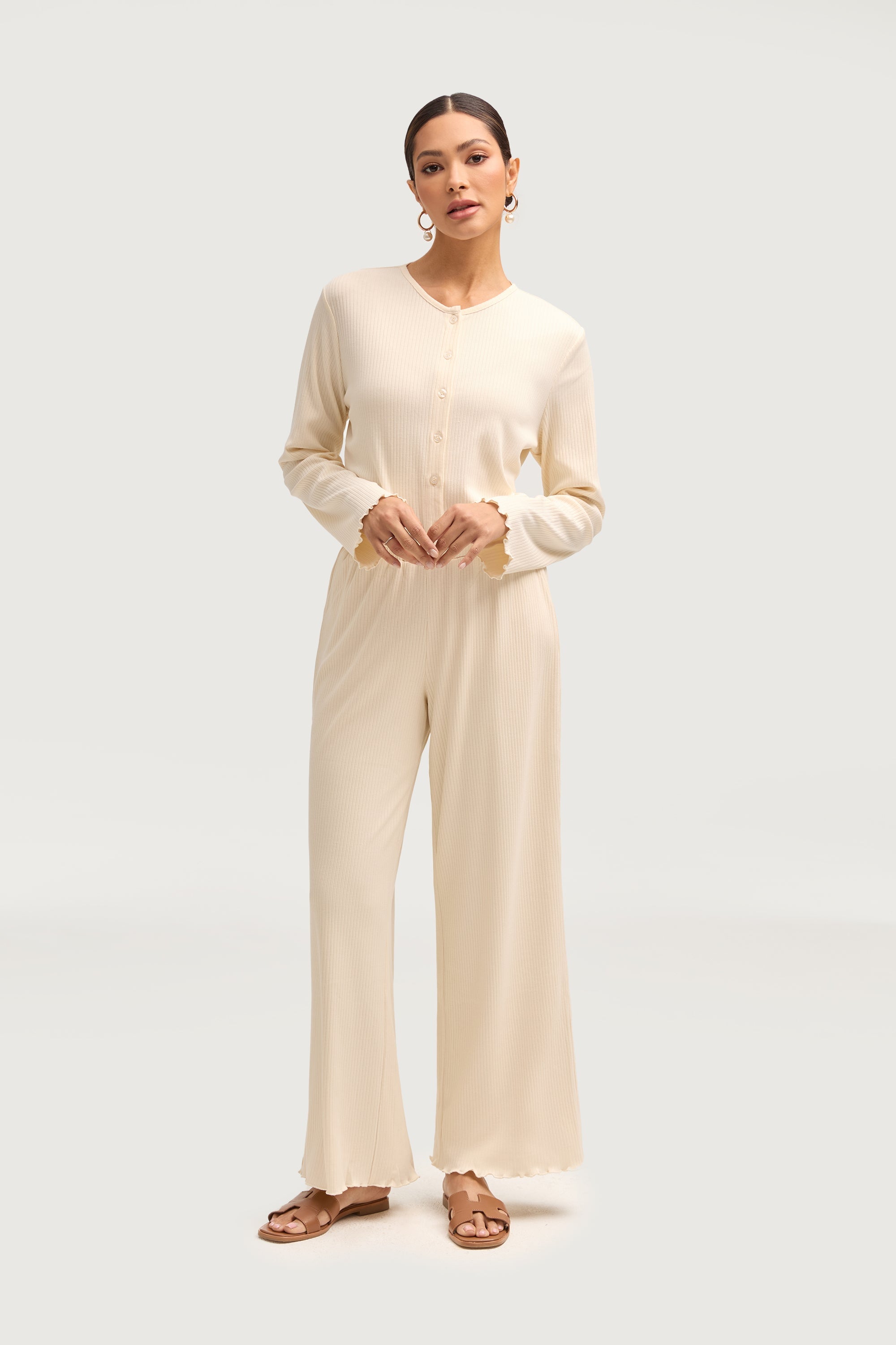 Naeema Ribbed Button Down Top & Pants Matching Set - Off White Sets Veiled Collection 