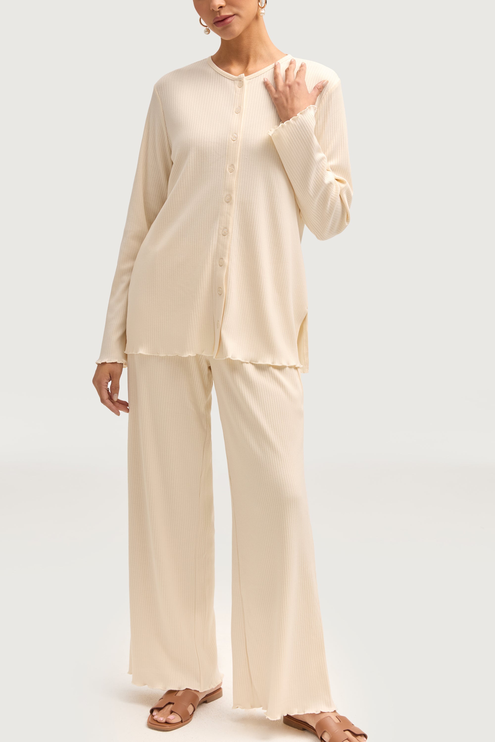 Naeema Ribbed Button Down Top & Pants Matching Set - Off White Sets Veiled Collection 