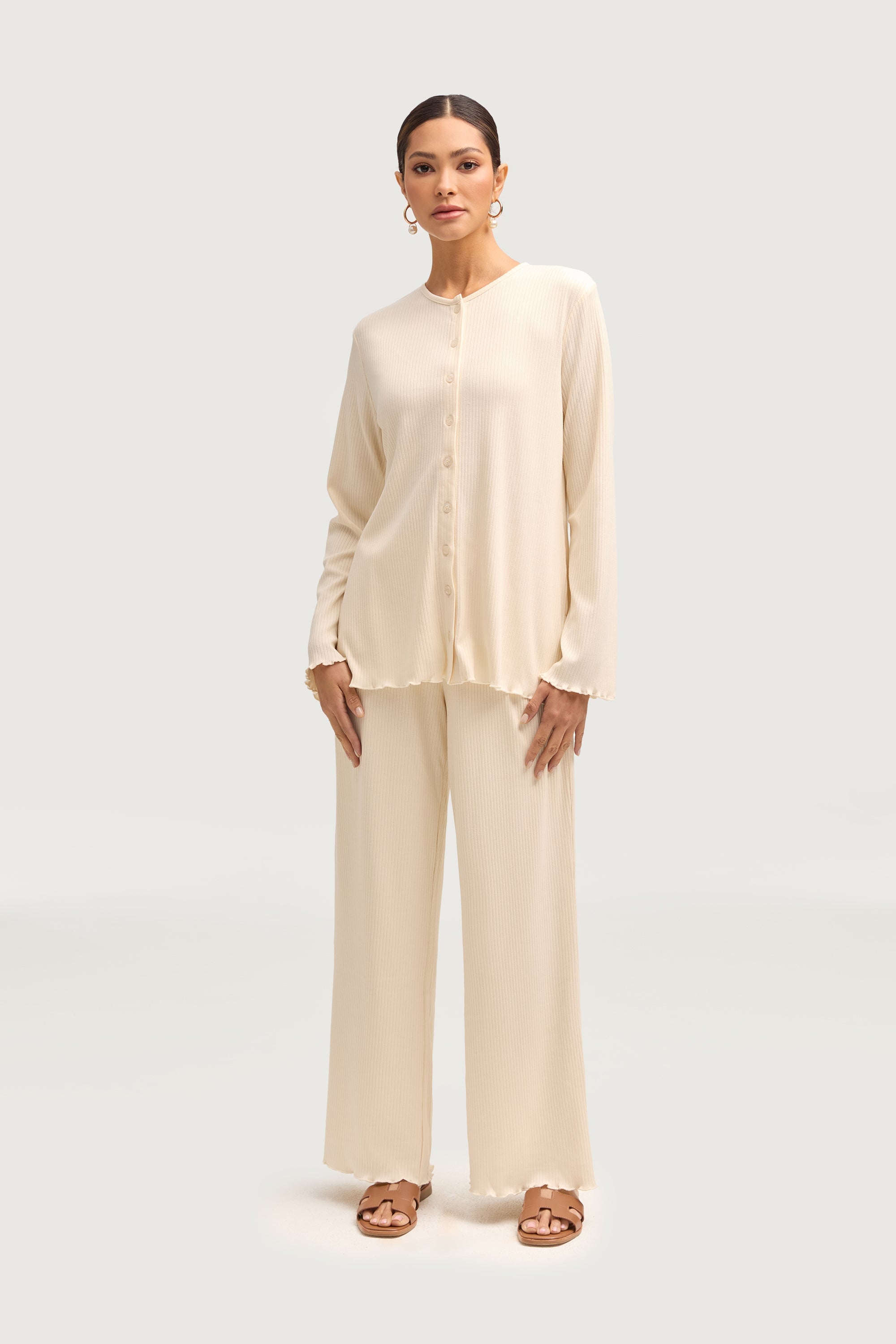 Naeema Ribbed Button Down Top & Pants Matching Set - Off White Sets Veiled Collection 