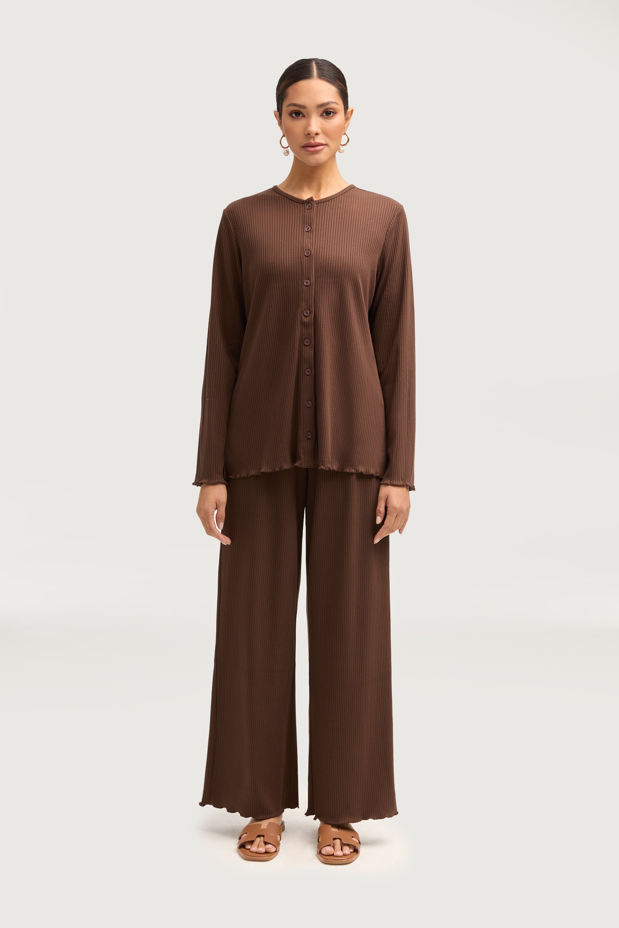 Naeema Ribbed Button Down Top & Pants Matching Set - Truffle Sets Veiled Collection 