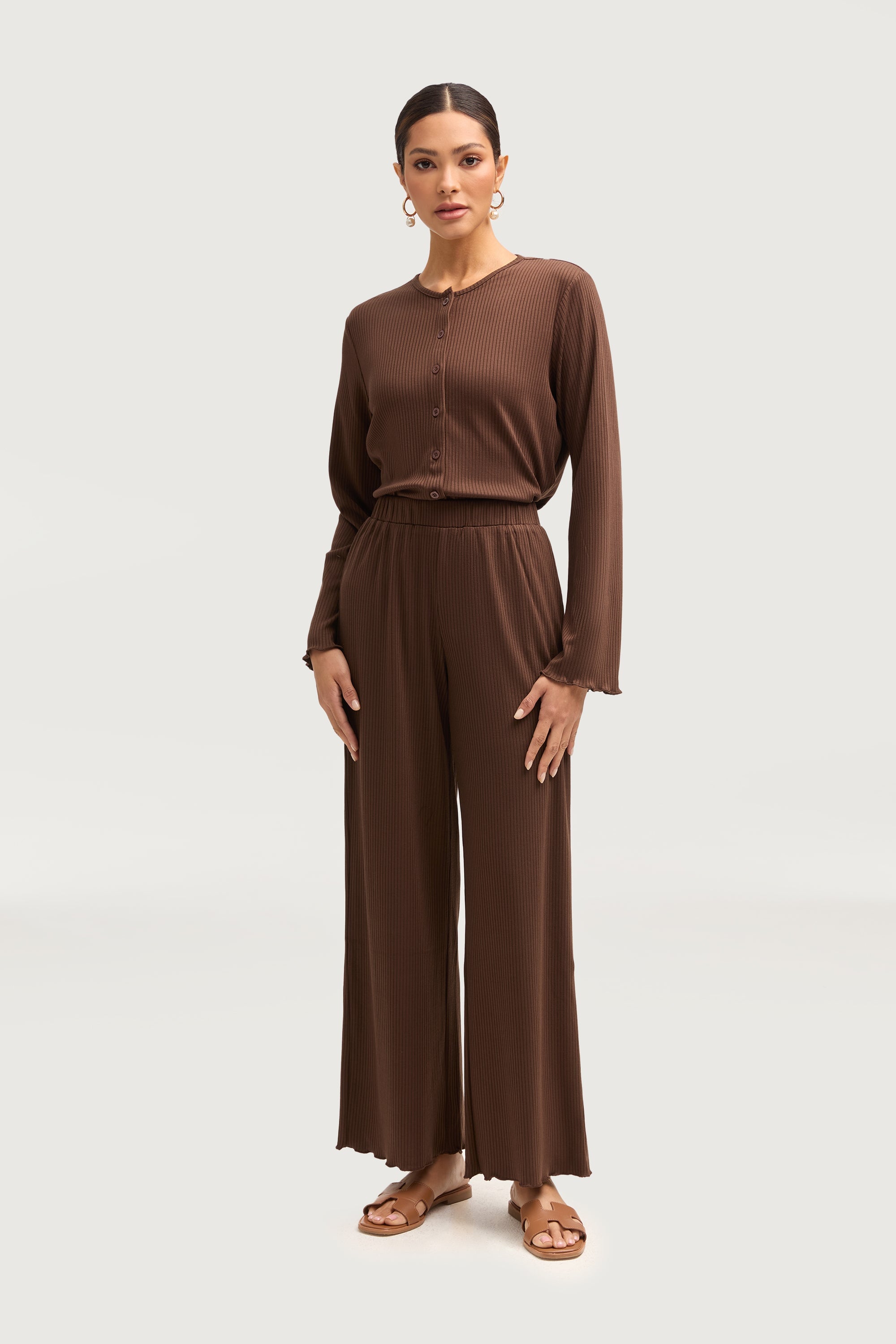 Naeema Ribbed Button Down Top & Pants Matching Set - Truffle Sets Veiled Collection 