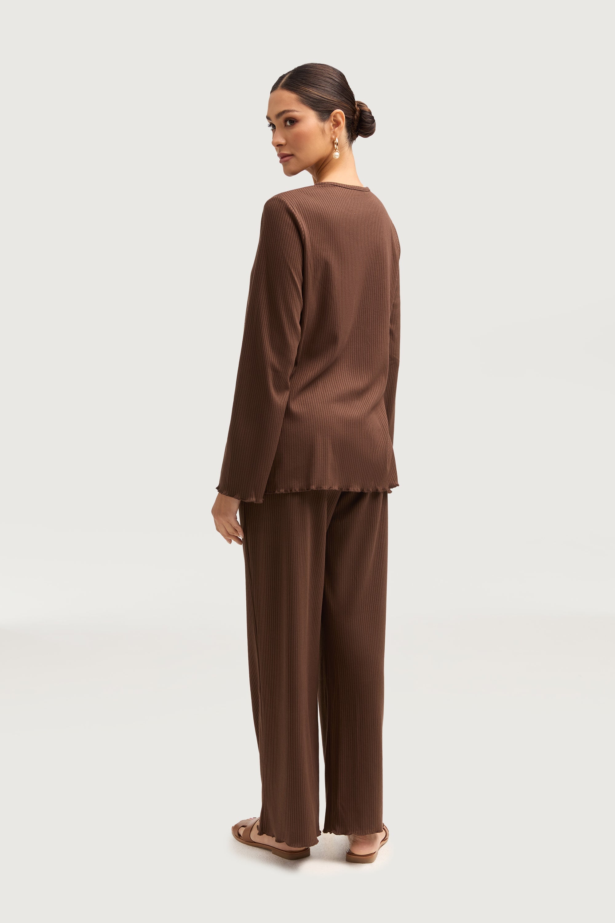 Naeema Ribbed Button Down Top & Pants Matching Set - Truffle Sets Veiled Collection 