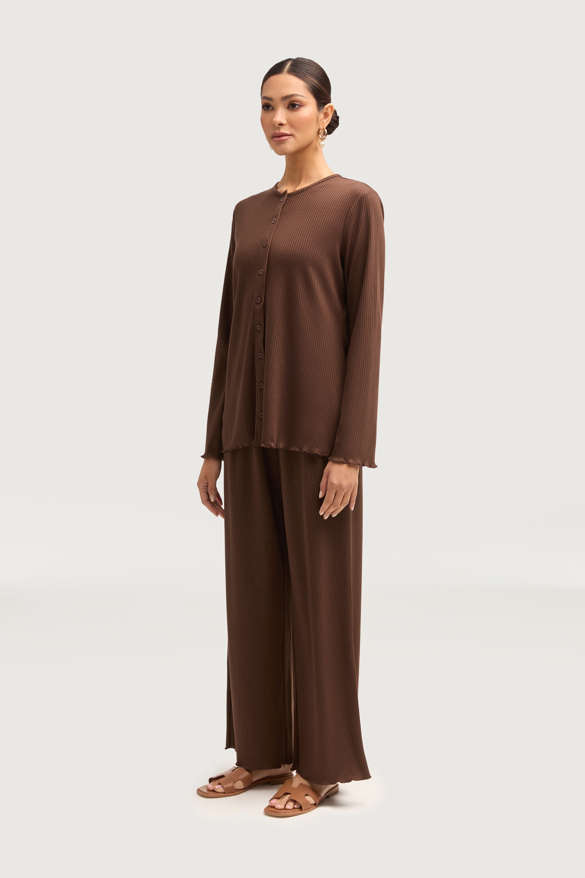 Naeema Ribbed Button Down Top & Pants Matching Set - Truffle Sets Veiled Collection 