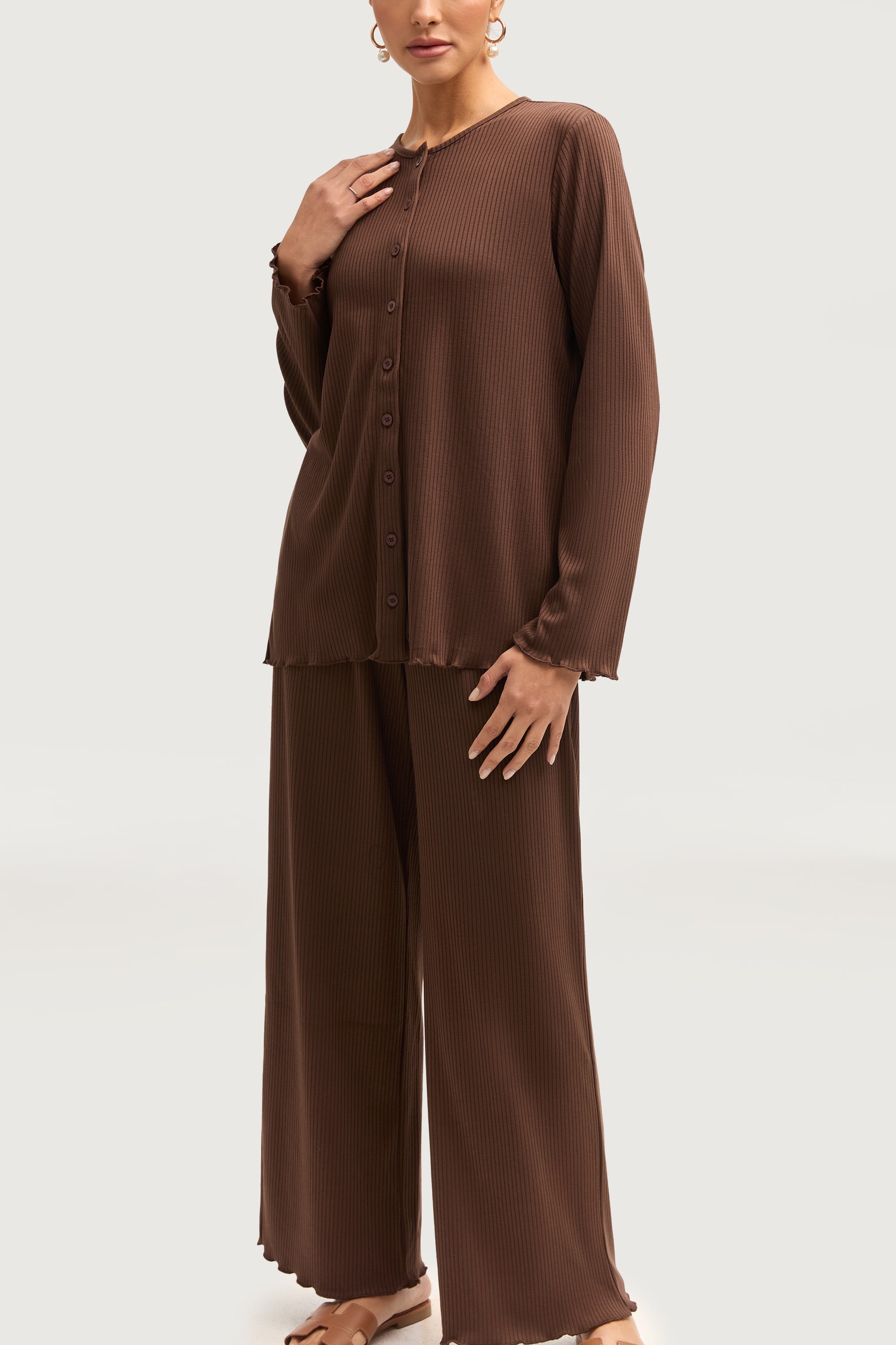 Naeema Ribbed Button Down Top & Pants Matching Set - Truffle Sets Veiled Collection 