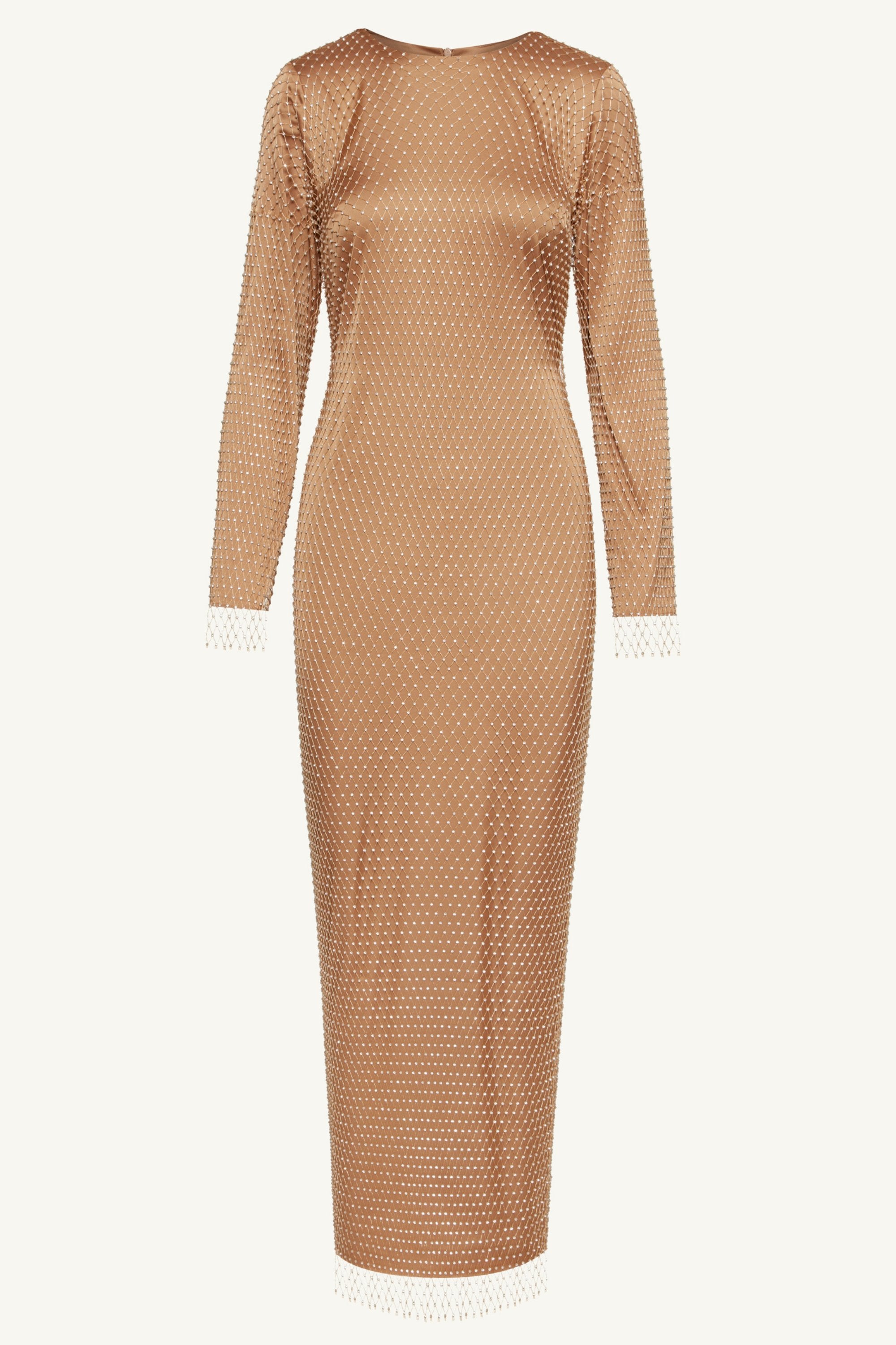 Naila Satin Crystal Mesh Maxi Dress - Champagne Clothing Veiled 