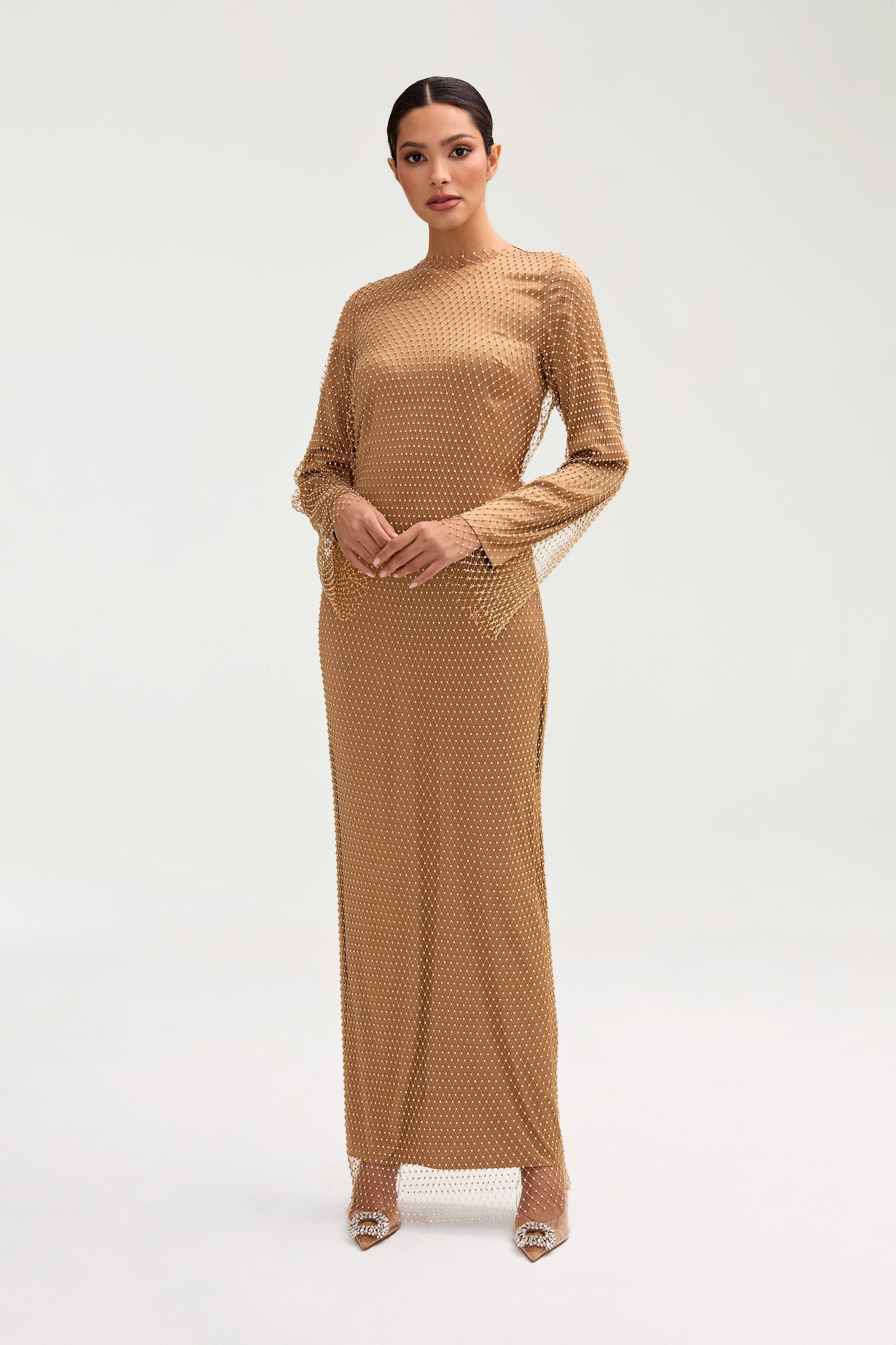 Naila Satin Crystal Mesh Maxi Dress - Champagne Clothing Veiled 