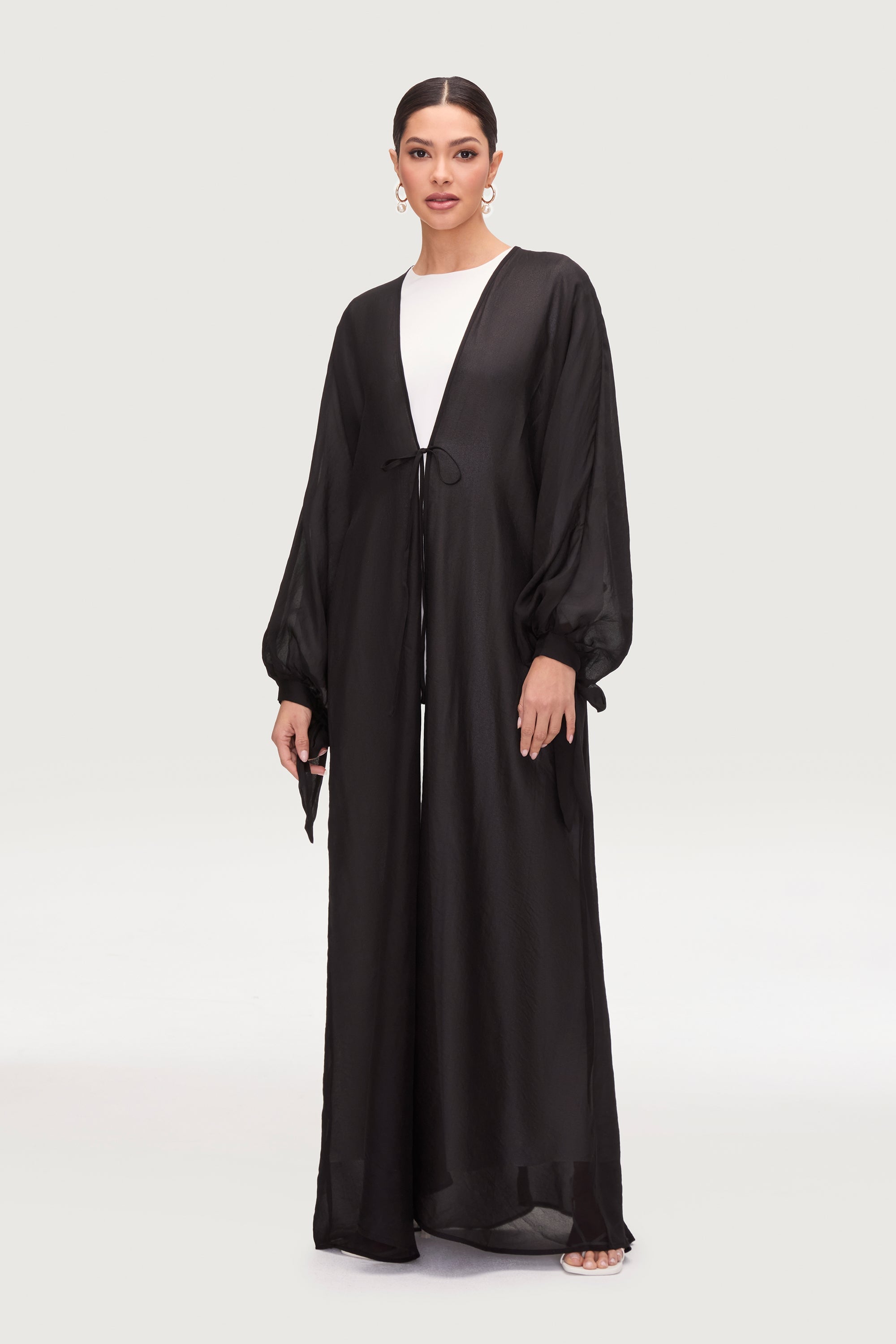 Naima Tie Front Open Abaya - Black Abayas Veiled 