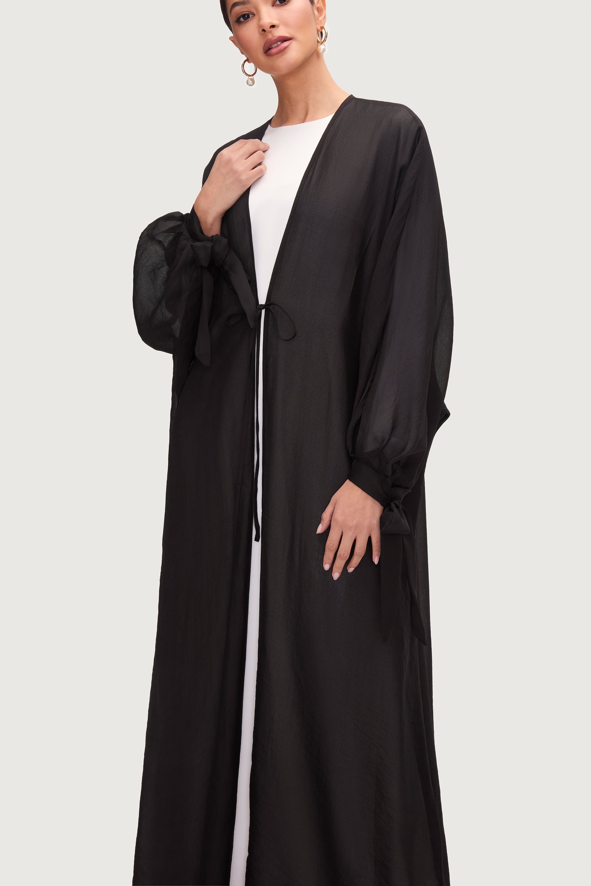 Naima Tie Front Open Abaya - Black Abayas Veiled 