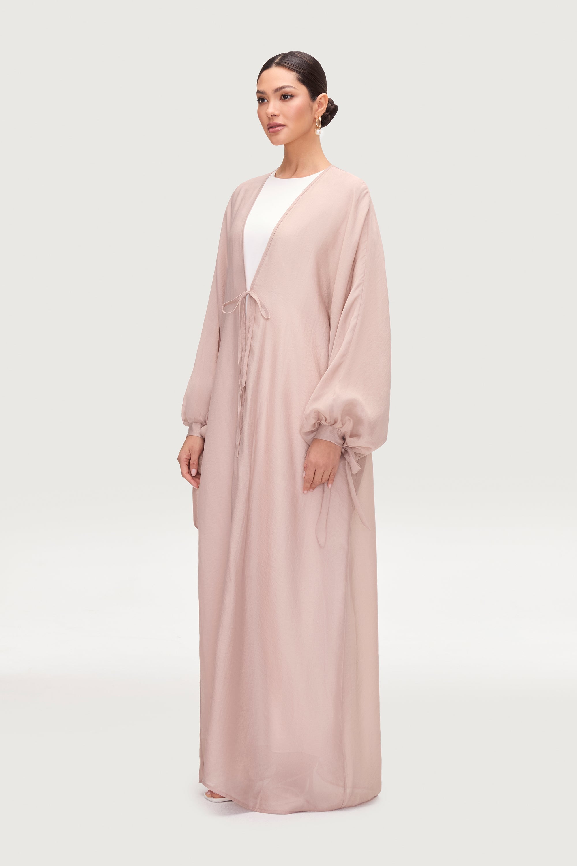 Naima Tie Front Open Abaya - Pink Pearl Abayas Veiled 