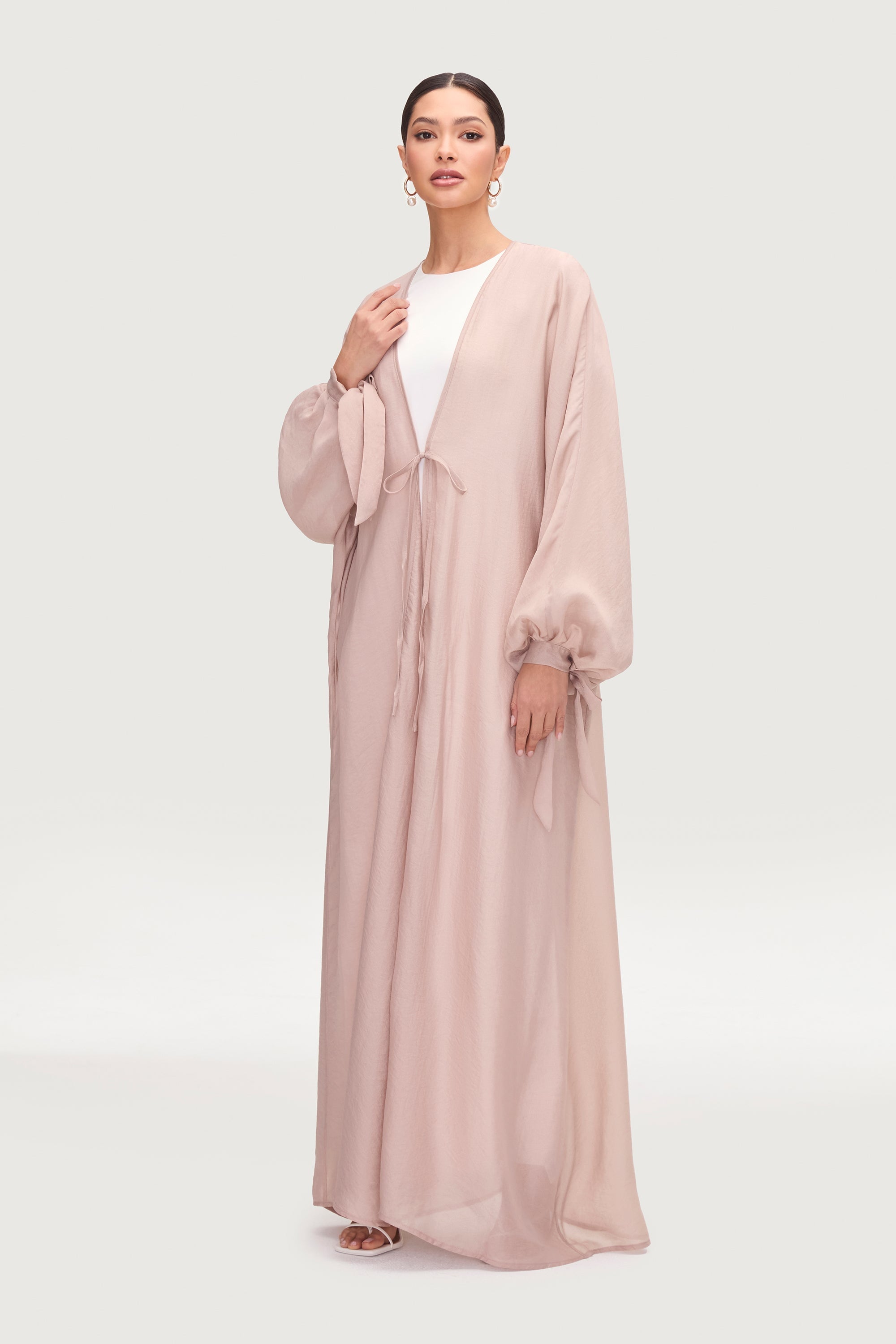 Naima Tie Front Open Abaya - Pink Pearl Abayas Veiled 