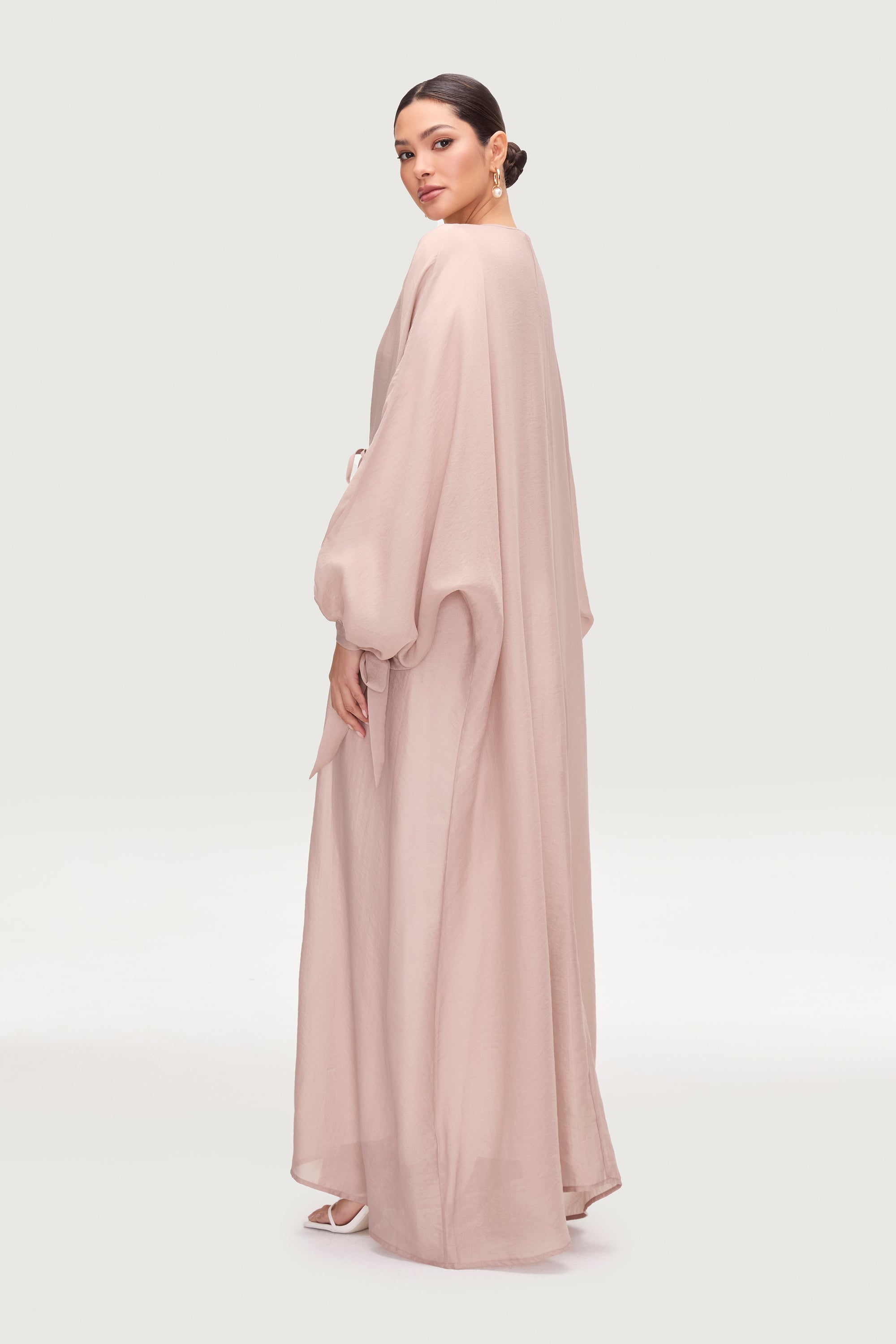 Naima Tie Front Open Abaya - Pink Pearl Abayas Veiled 