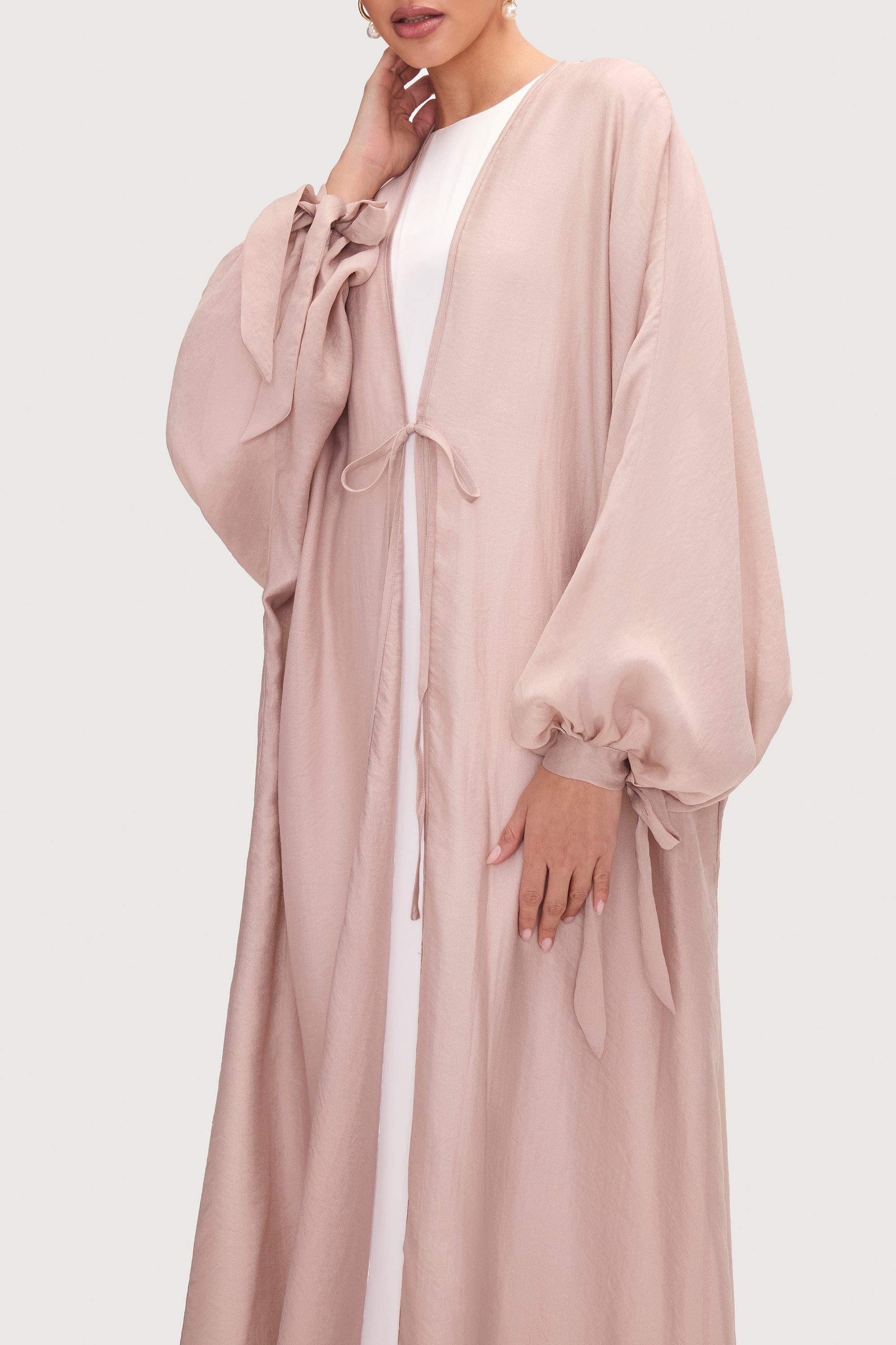 Naima Tie Front Open Abaya - Pink Pearl Abayas Veiled 