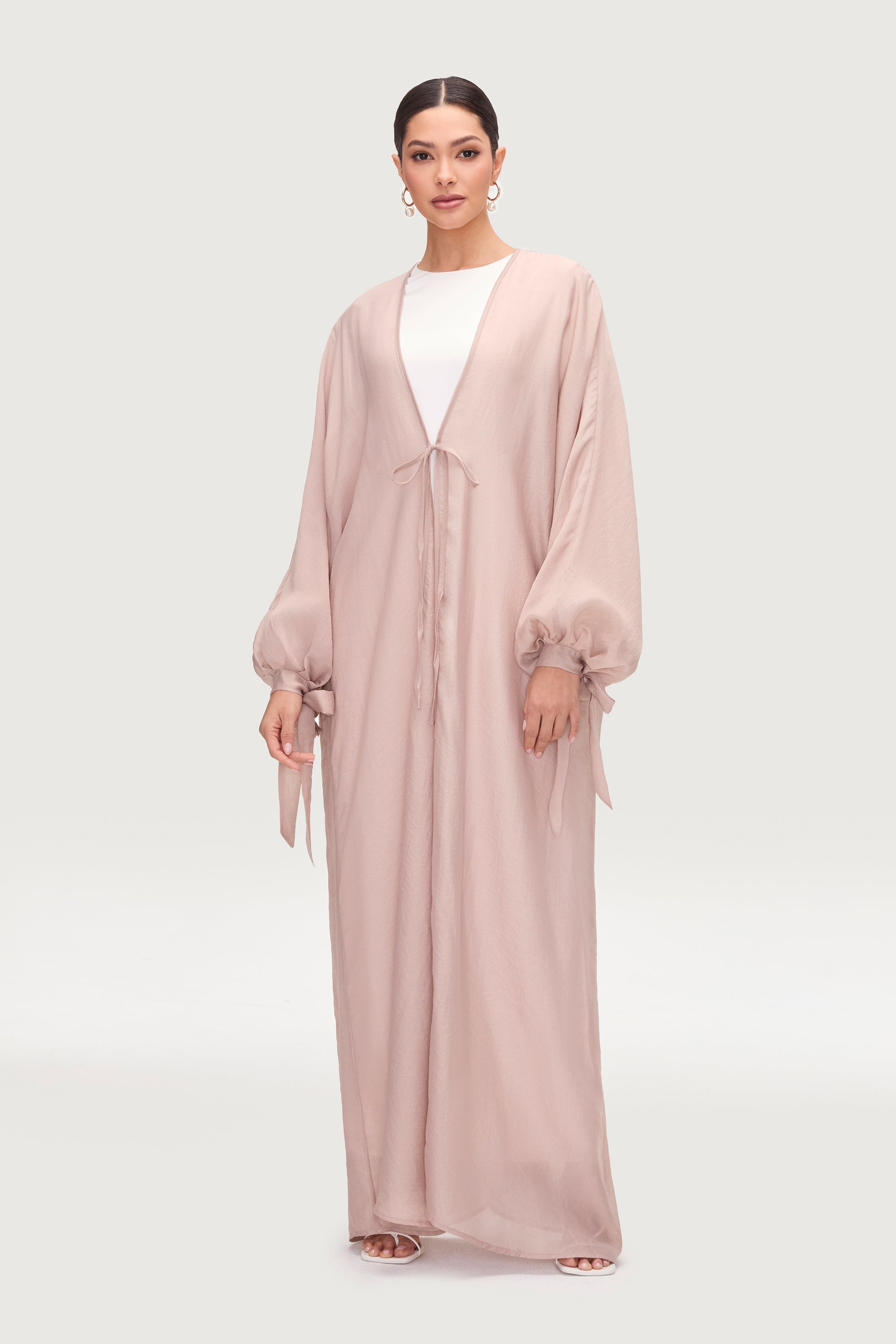 Naima Tie Front Open Abaya - Pink Pearl Abayas Veiled 