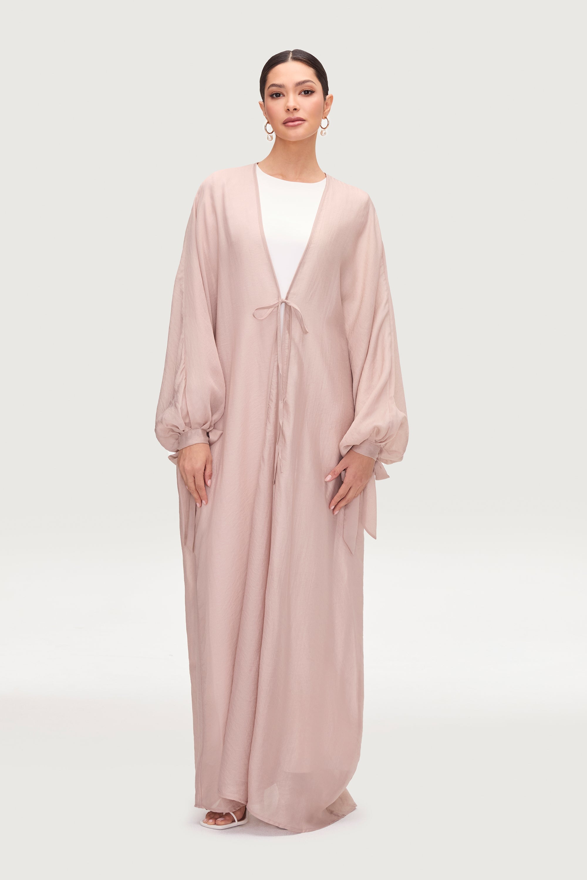 Naima Tie Front Open Abaya - Pink Pearl Abayas Veiled 