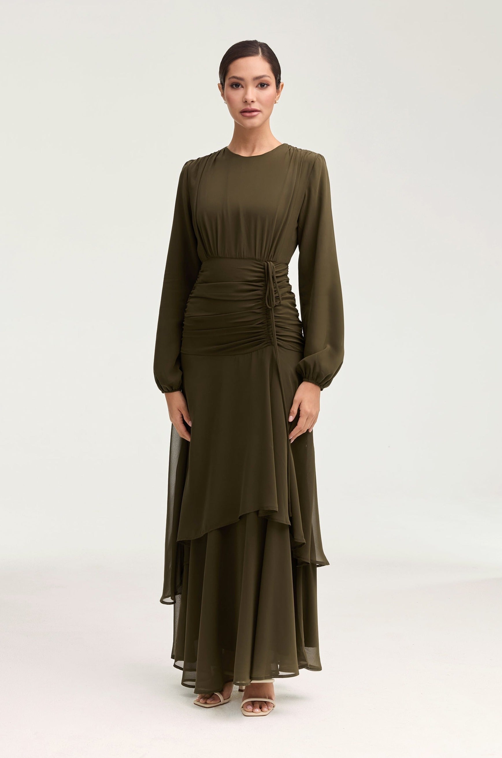 Narjis Side Rouched Maxi Dress - Olive Clothing epschoolboard 