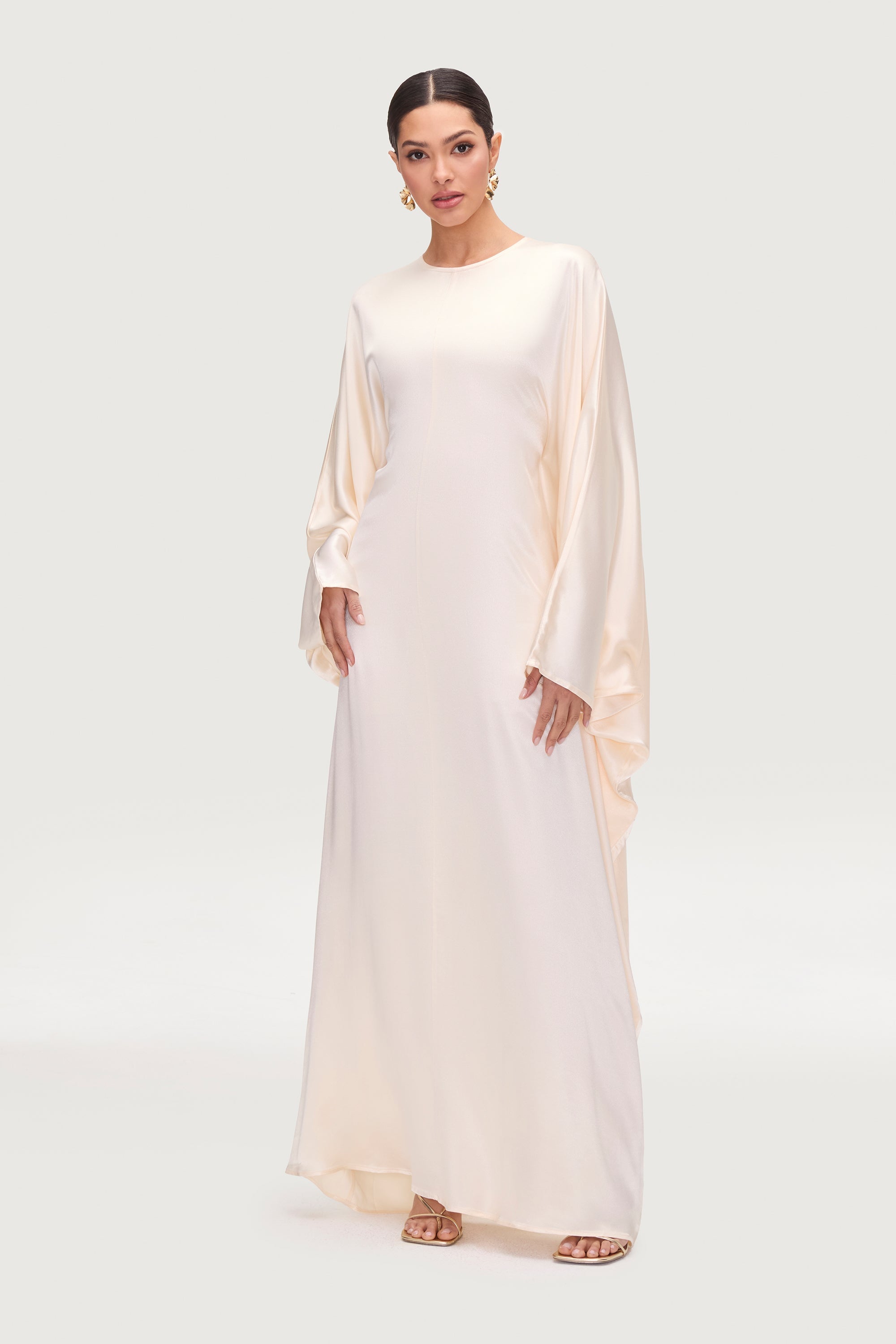 Nayla Silk Butterfly Inner Tie Abaya Dress - Pearl Abayas Veiled 