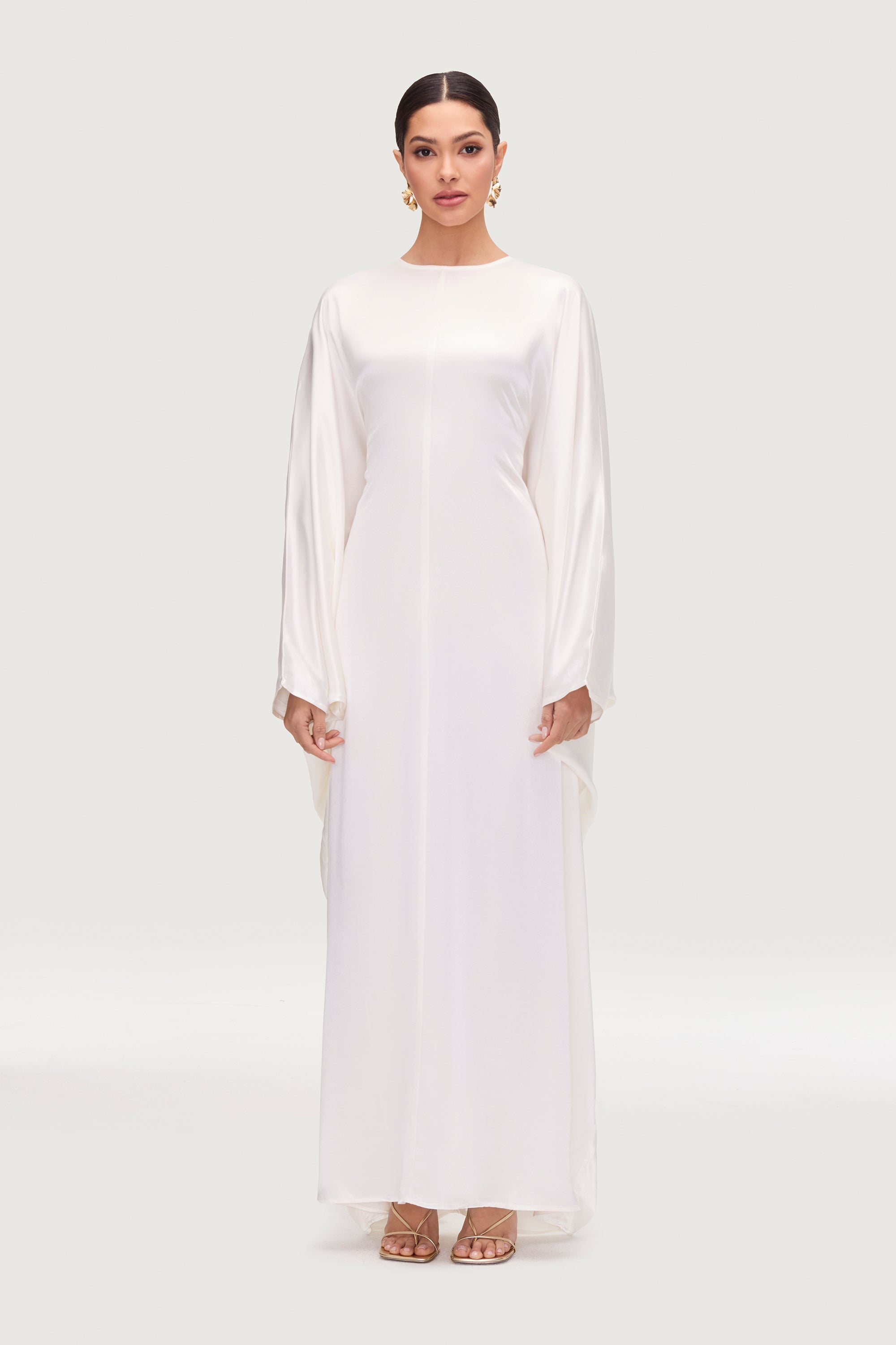 Nayla Silk Butterfly Inner Tie Abaya Dress - White Abayas Veiled 