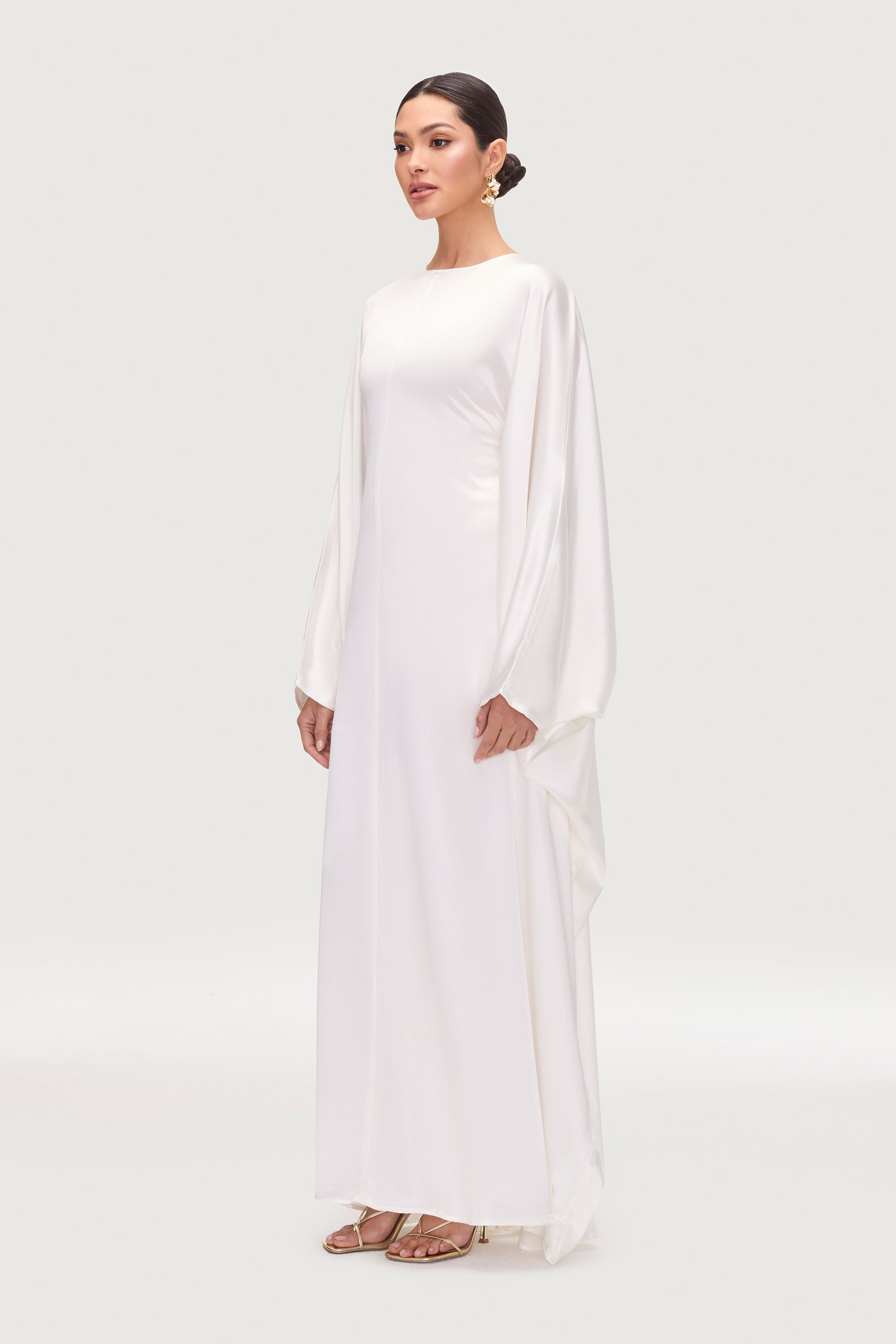 Nayla Silk Butterfly Inner Tie Abaya Dress - White Abayas Veiled 