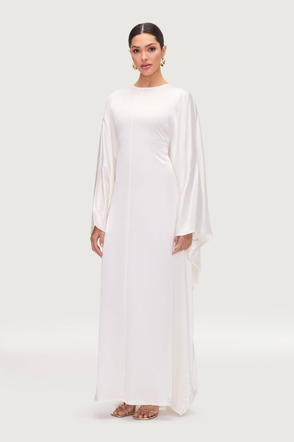 Nayla Silk Butterfly Inner Tie Abaya Dress - White Abayas Veiled 