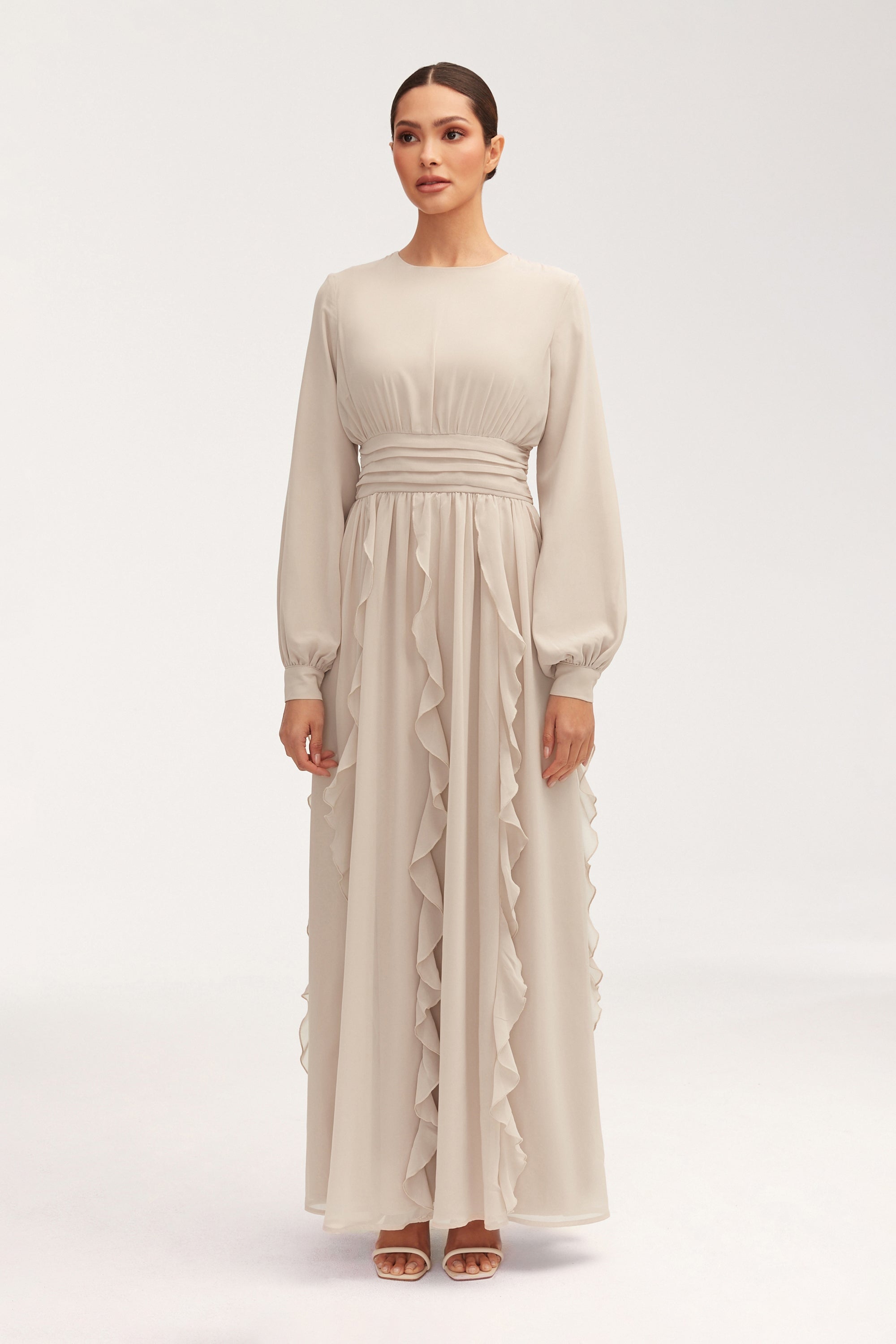 Nesreen Waterfall Chiffon Maxi Dress - Stone Clothing Veiled 