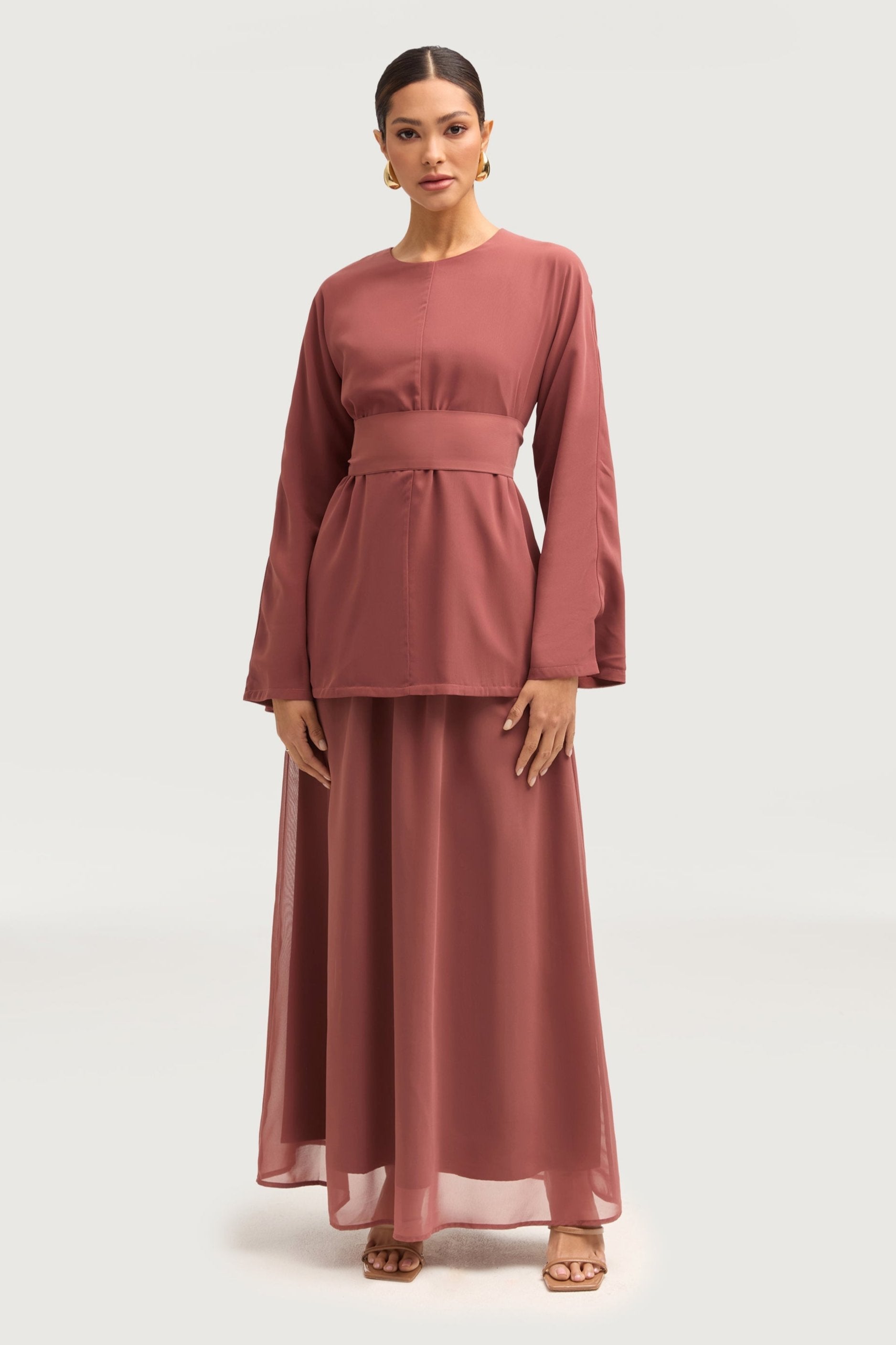 Nevene Chiffon Maxi Skirt - Toasted Pecan Bottoms Veiled 