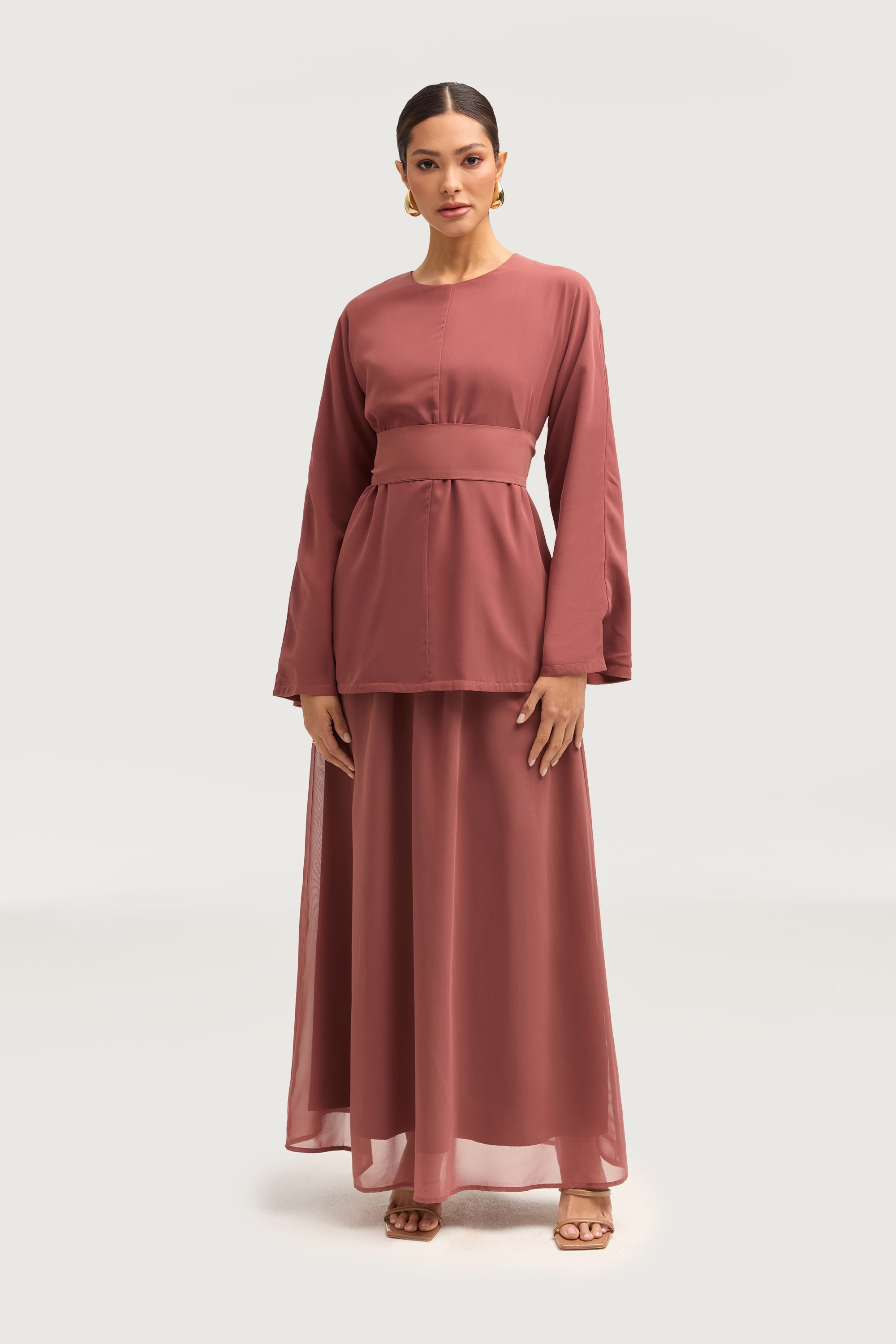 Nevene Three Piece Abaya Set - Toasted Pecan Sets Veiled 