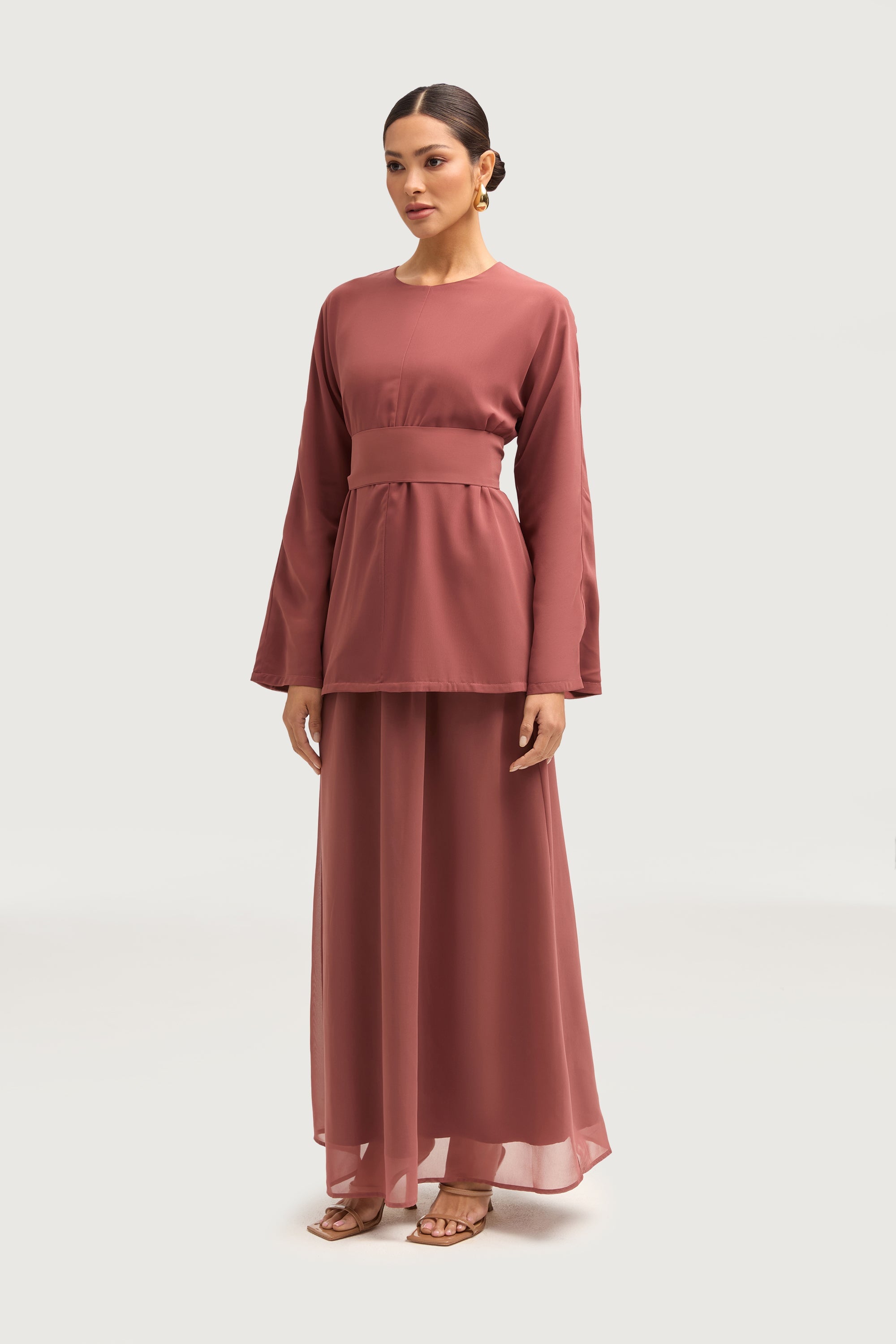 Nevene Three Piece Abaya Set - Toasted Pecan Sets Veiled 