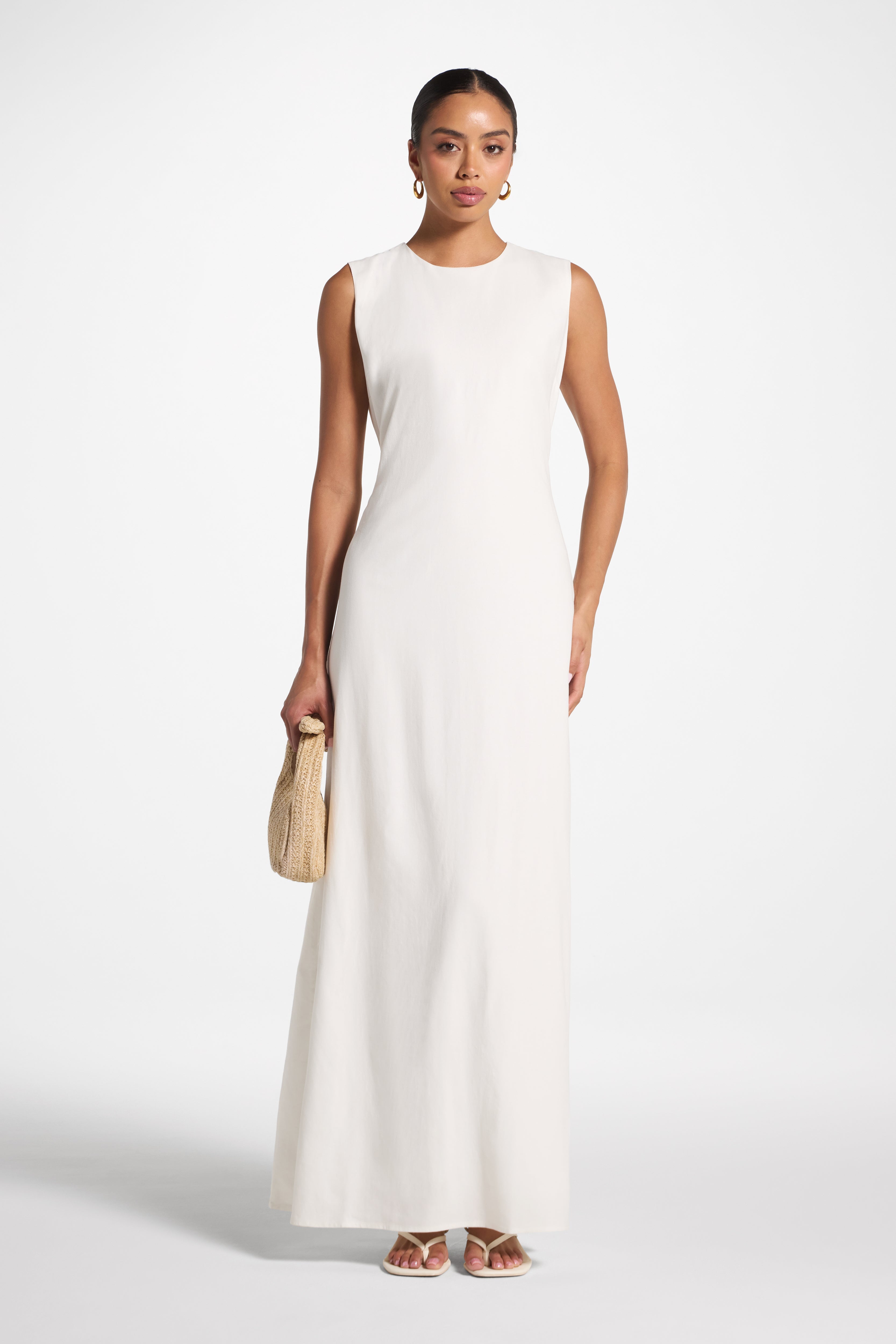 Nyla Sleeveless Linen Tie Maxi Dress - White Veiled 