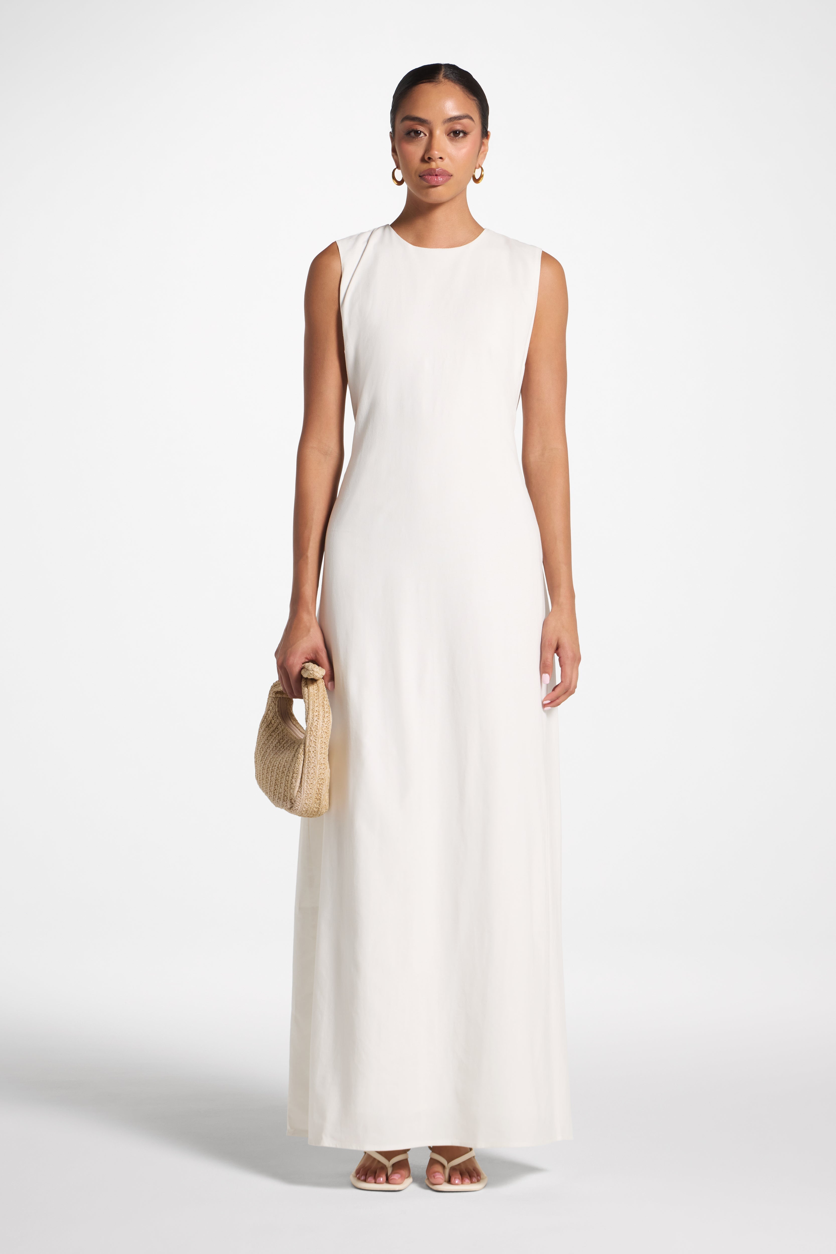 Nyla Sleeveless Linen Tie Maxi Dress - White Veiled 