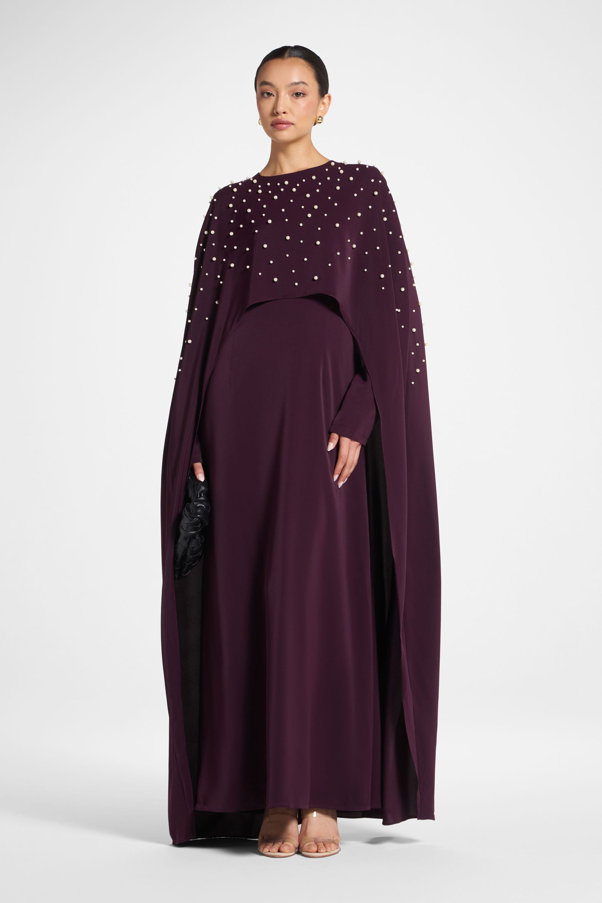 Pearl Cape Maxi Dress - Chocolate Plum Abayas Veiled 