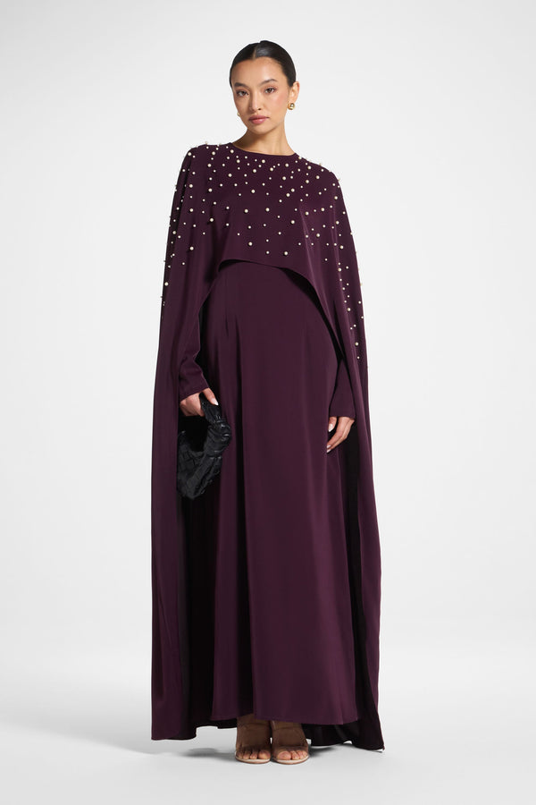 maxi plum dress Avery Long Sleeve / | MESHKI Its sophisticated design includes asymmetric pleating on the shoulder Plum Purple Maxi Dress -
