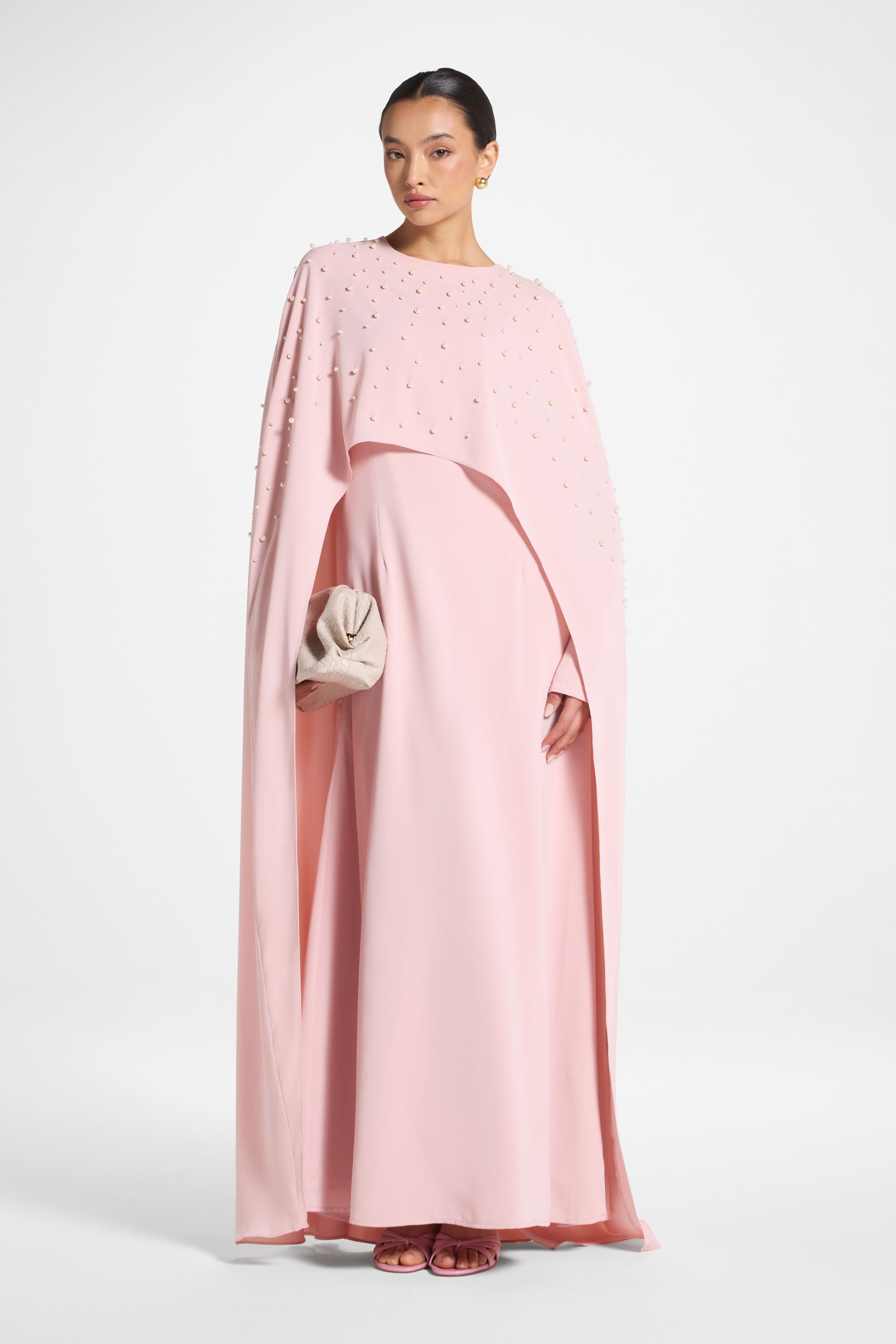 Pearl Cape Maxi Dress - Pink Abayas Veiled 
