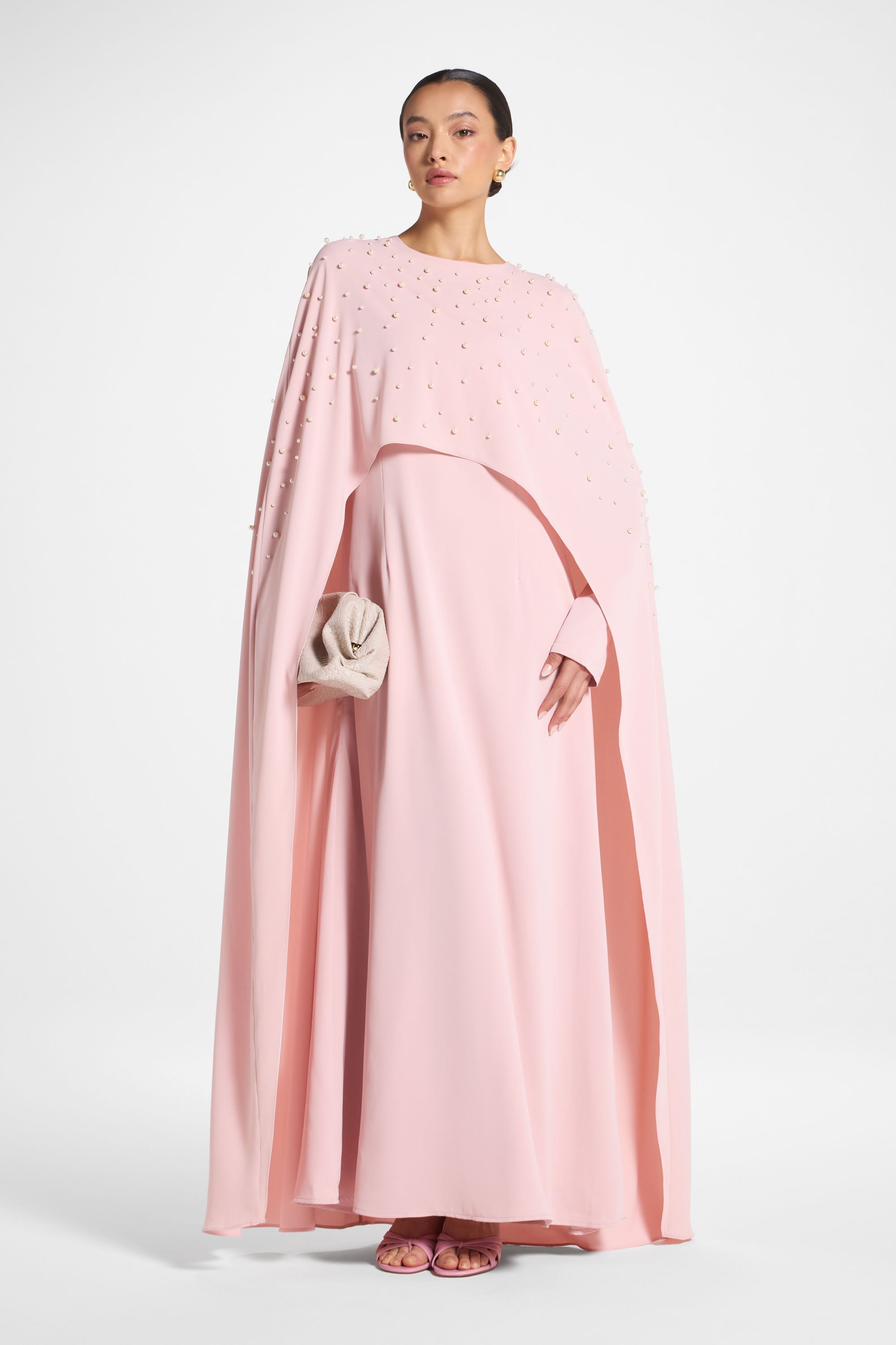 Pearl Cape Maxi Dress - Pink Abayas Veiled 
