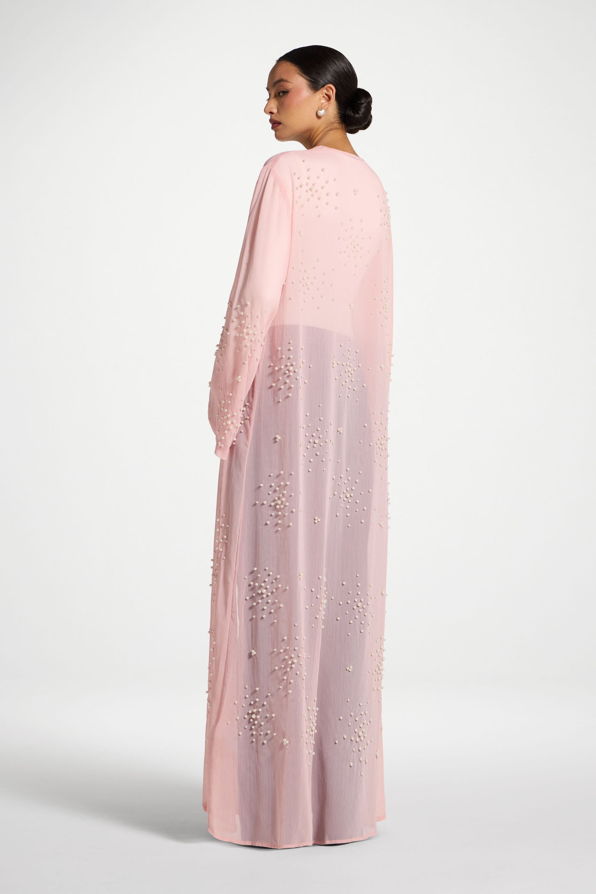 Pearl Embellished Open Abaya - Baby Pink Abayas Veiled 