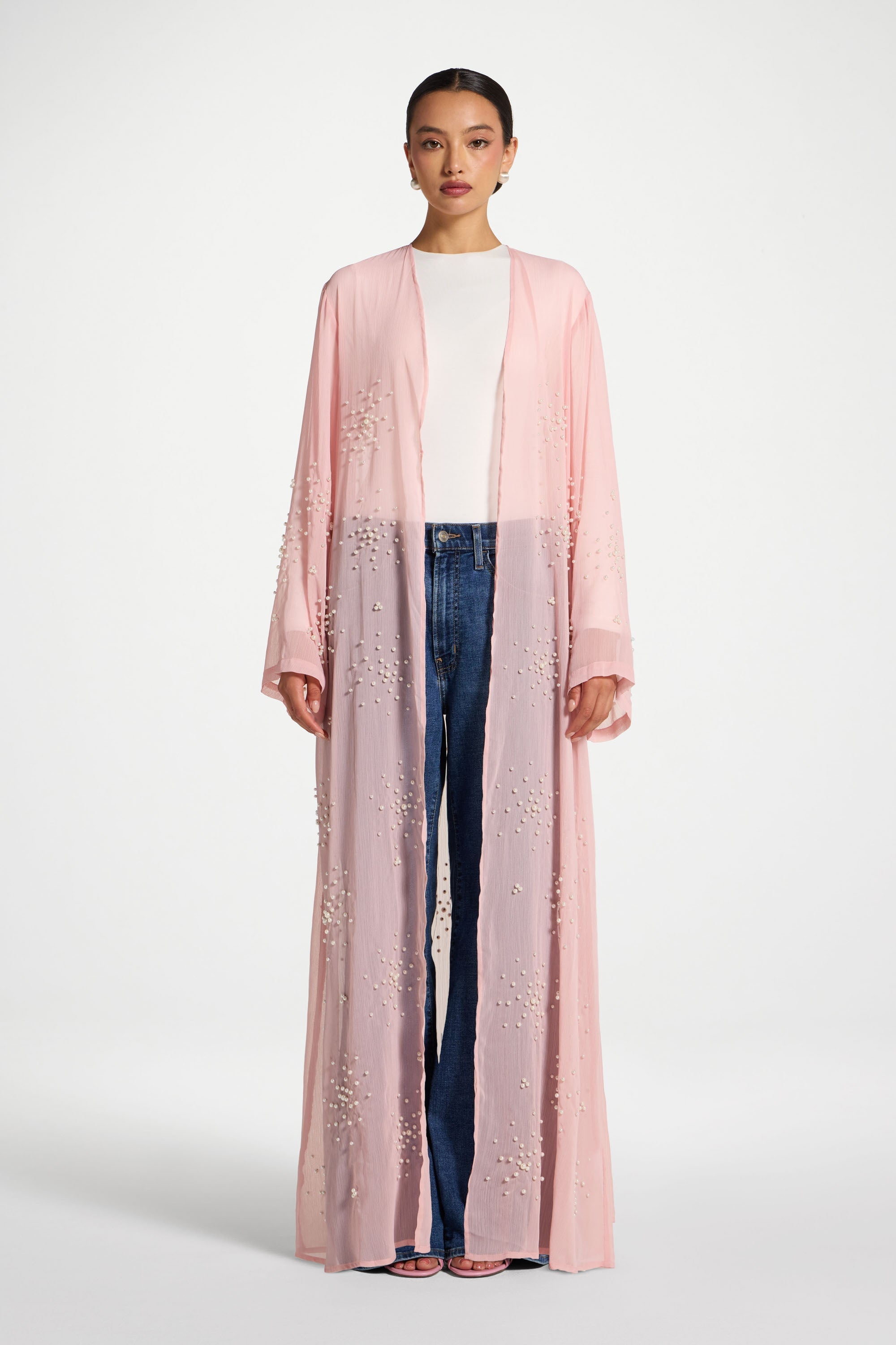 Pearl Embellished Open Abaya - Baby Pink Abayas Veiled 