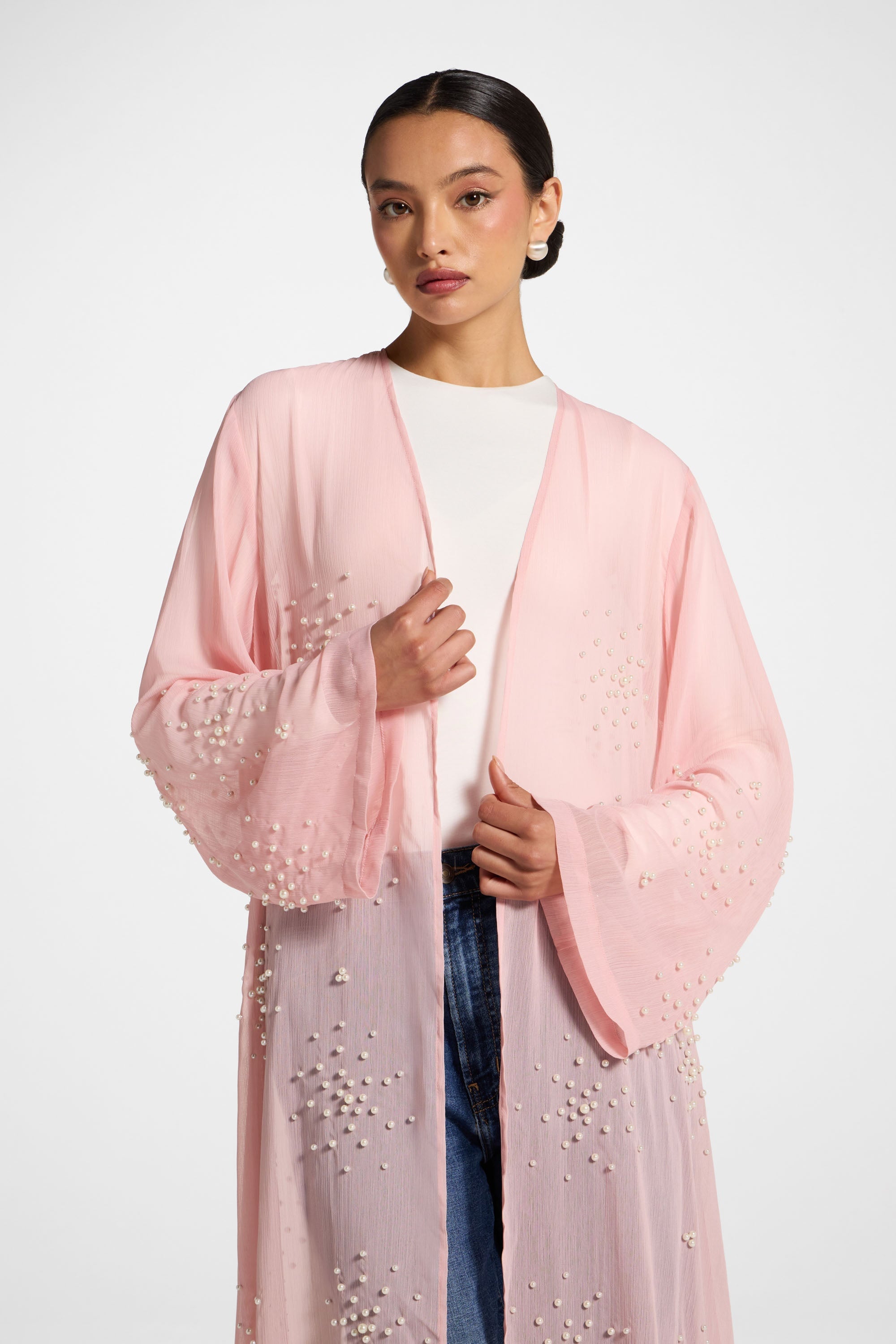 Pearl Embellished Open Abaya - Baby Pink Abayas Veiled 