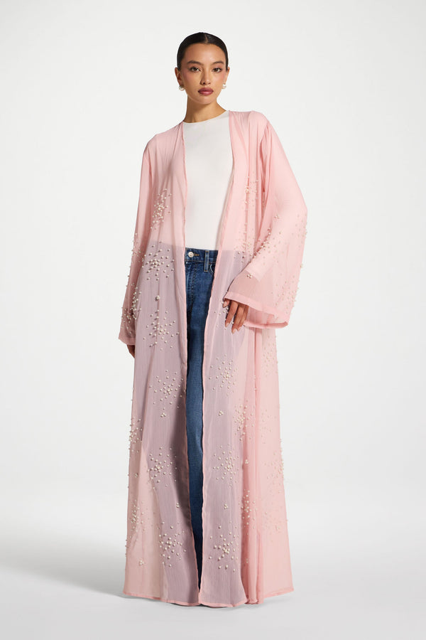 Pearl Embellished Open Abaya - Baby Pink Abayas Veiled 