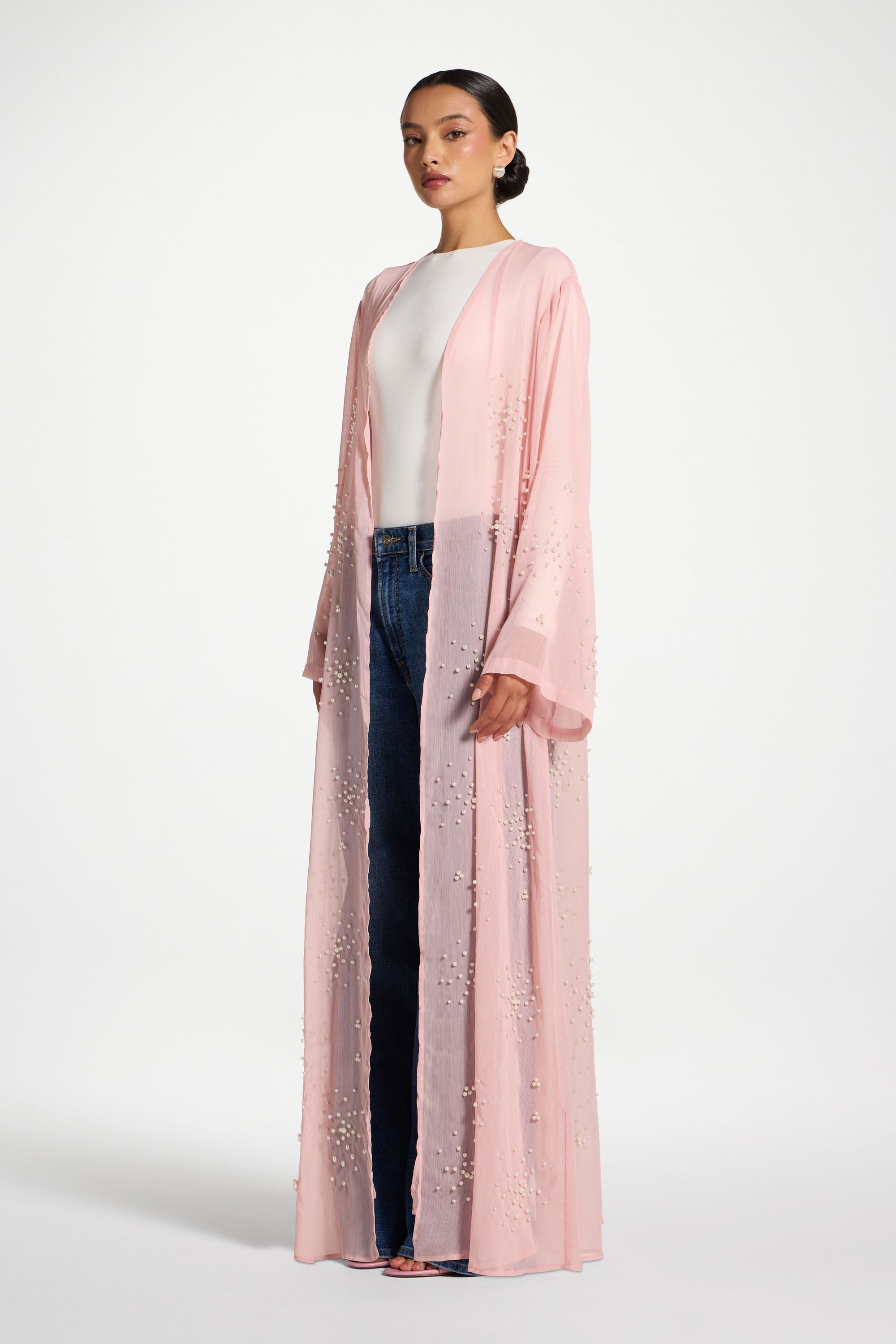 Pearl Embellished Open Abaya - Baby Pink Abayas Veiled 